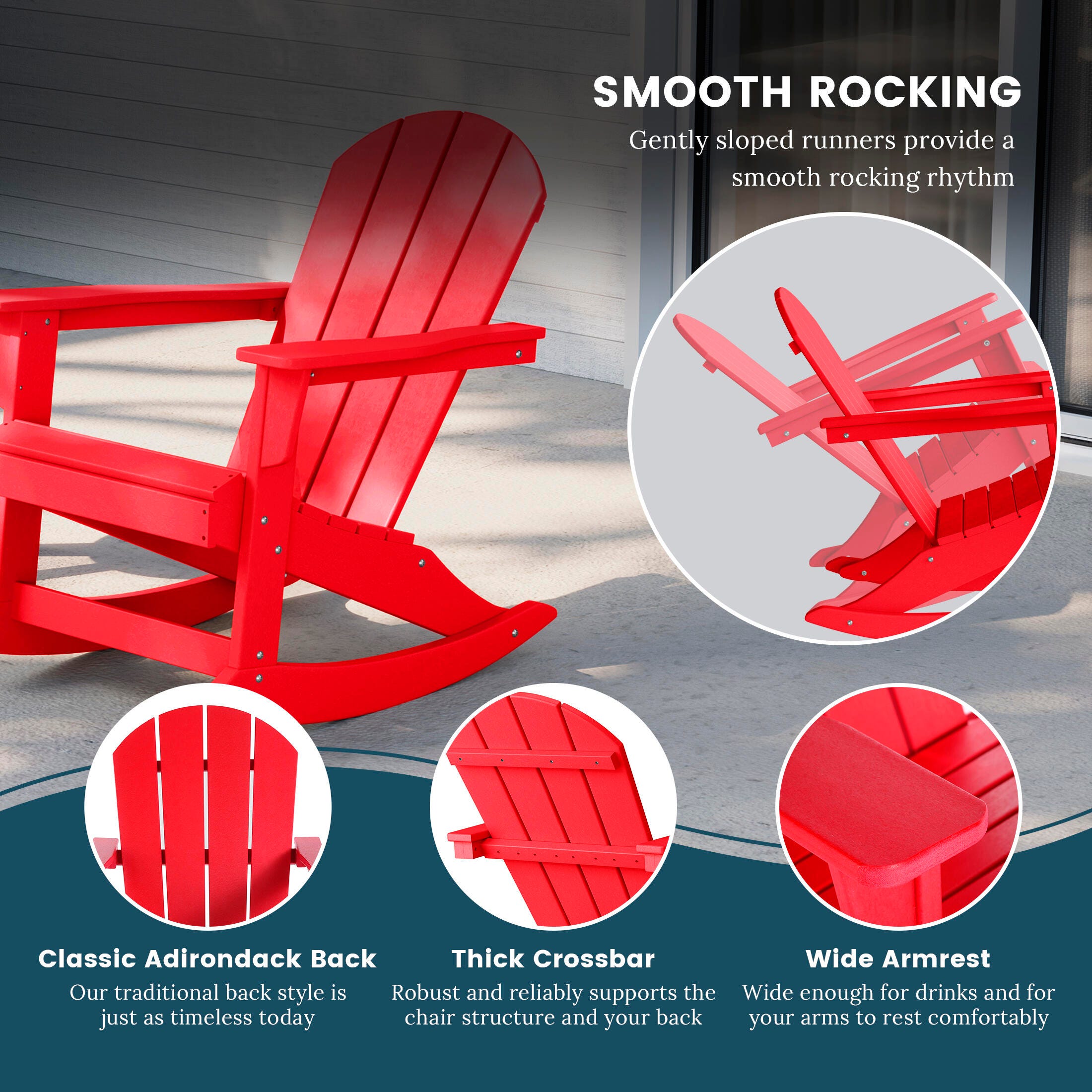 Venice Outdoor Adirondack Rocking Chair, Red, large