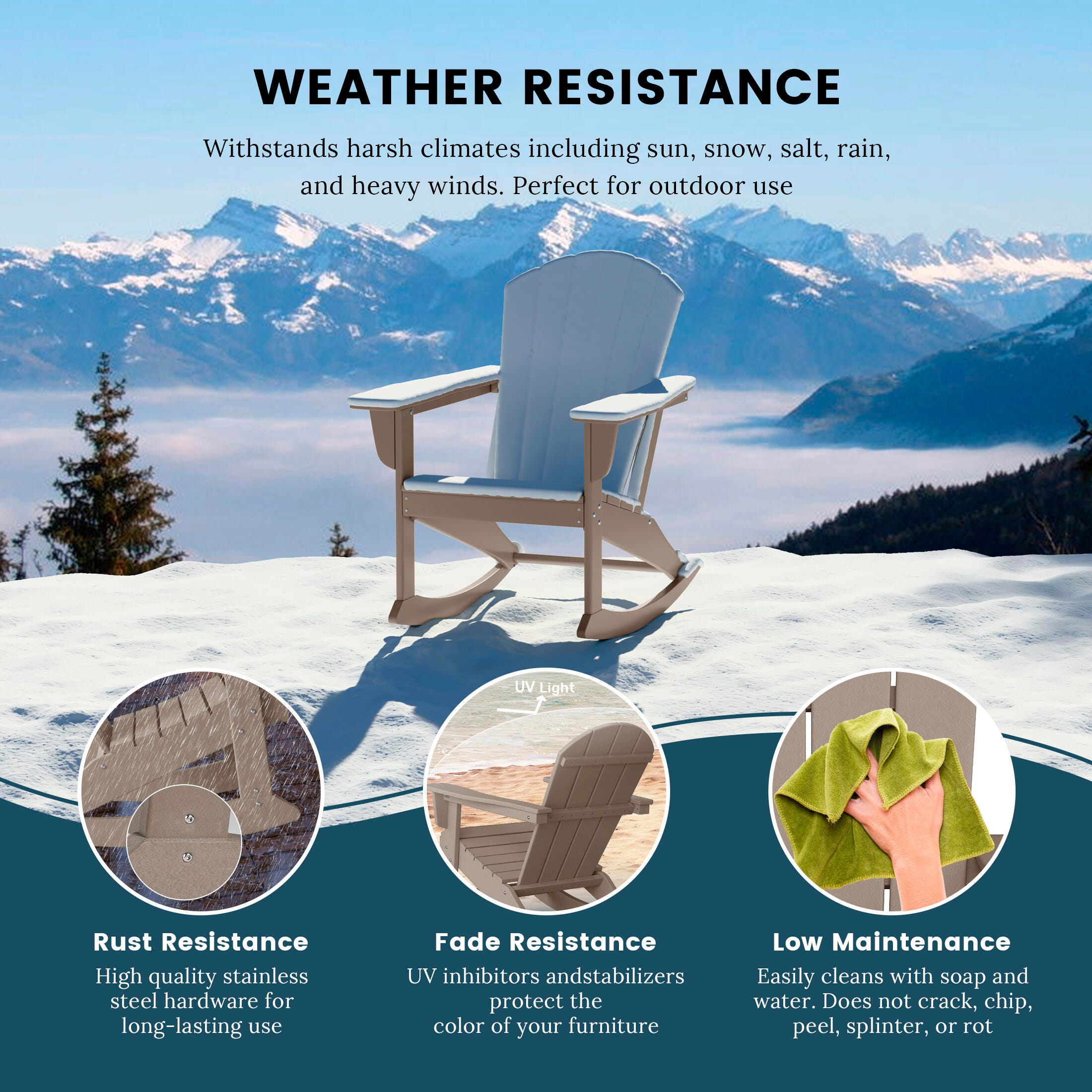 Venice Outdoor Adirondack Rocking Chair, Weathered Wood, large