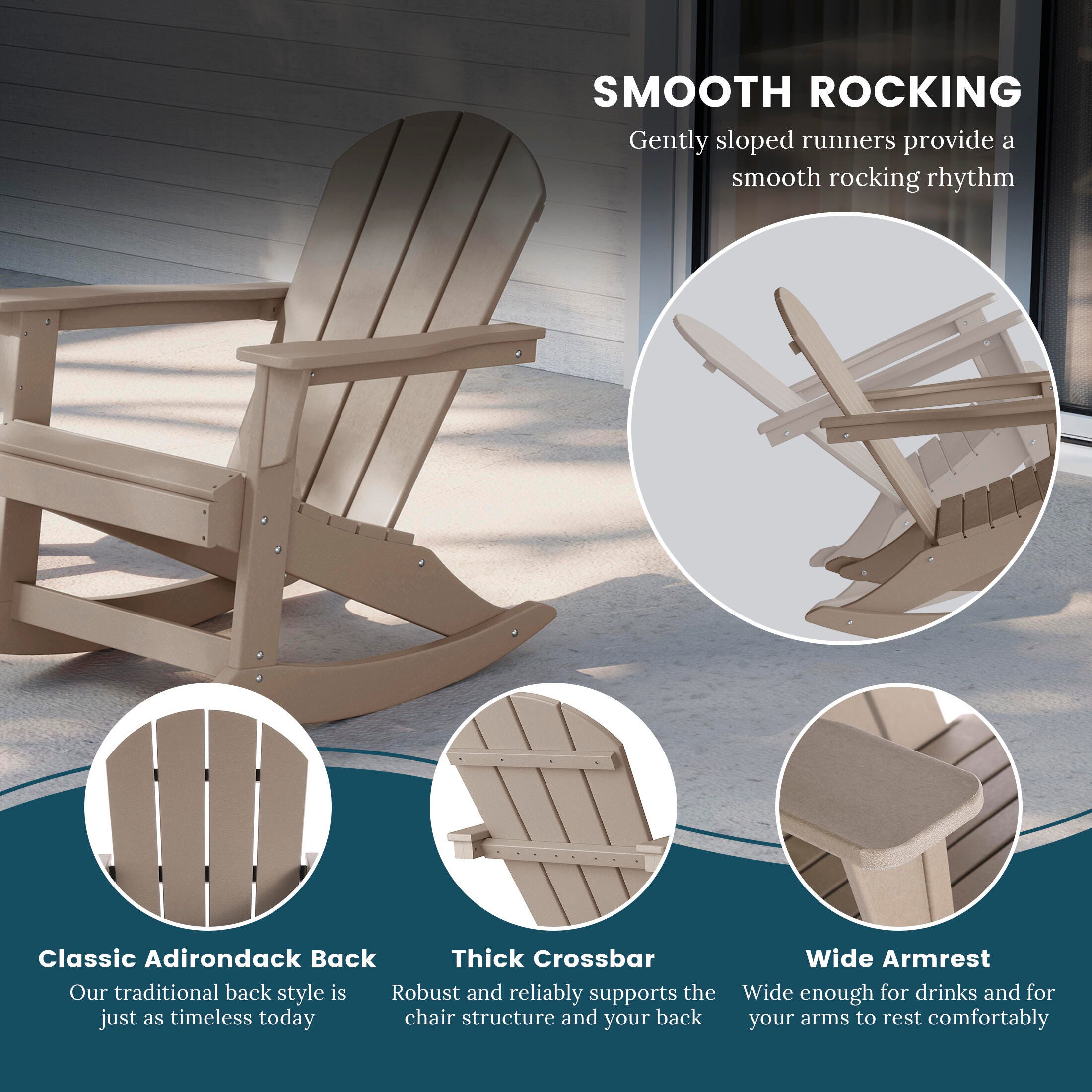 Venice Outdoor Adirondack Rocking Chair, Weathered Wood, large