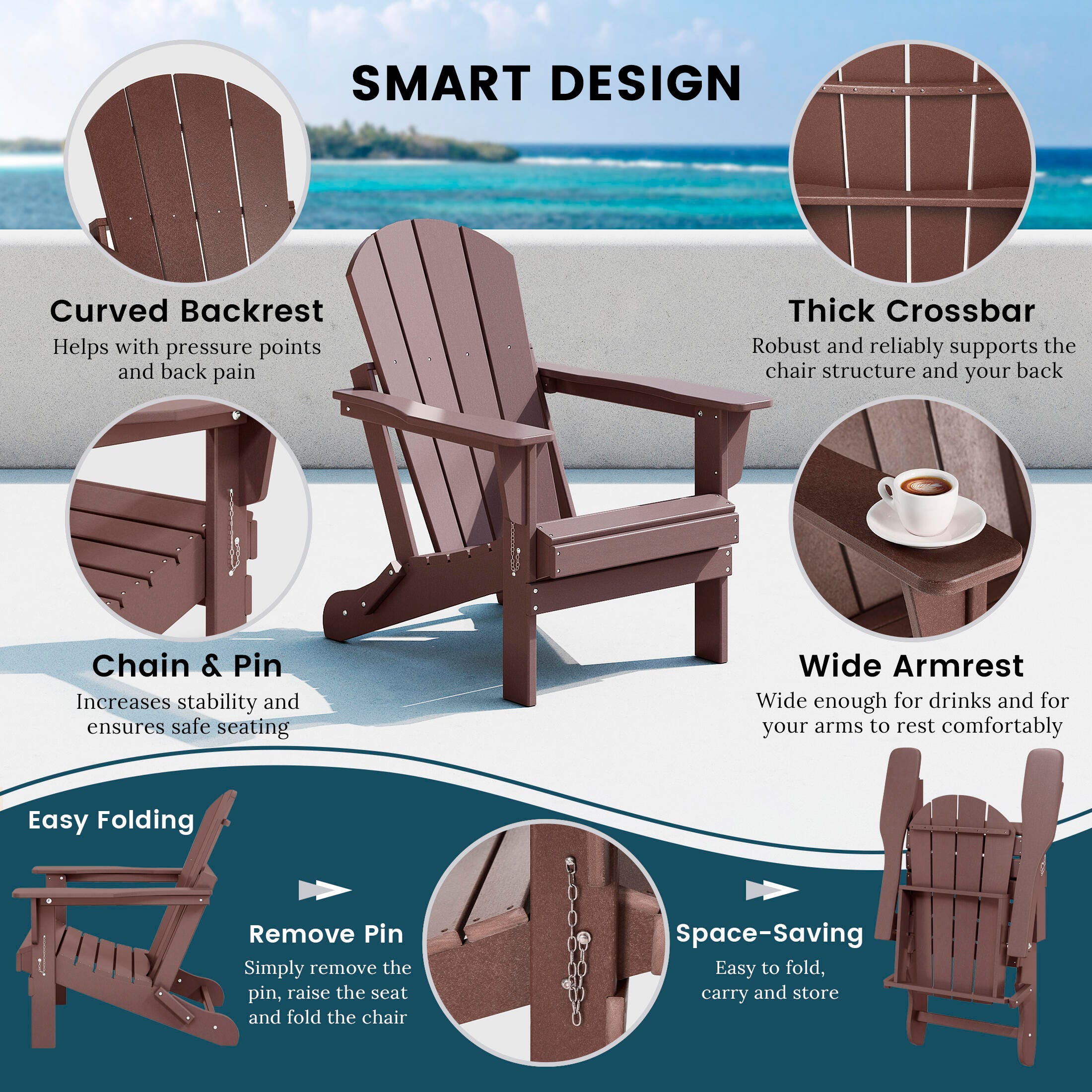 Westin Outdoor Newport Folding Poly Adirondack Chair (set Of 2), Dark Brown, large