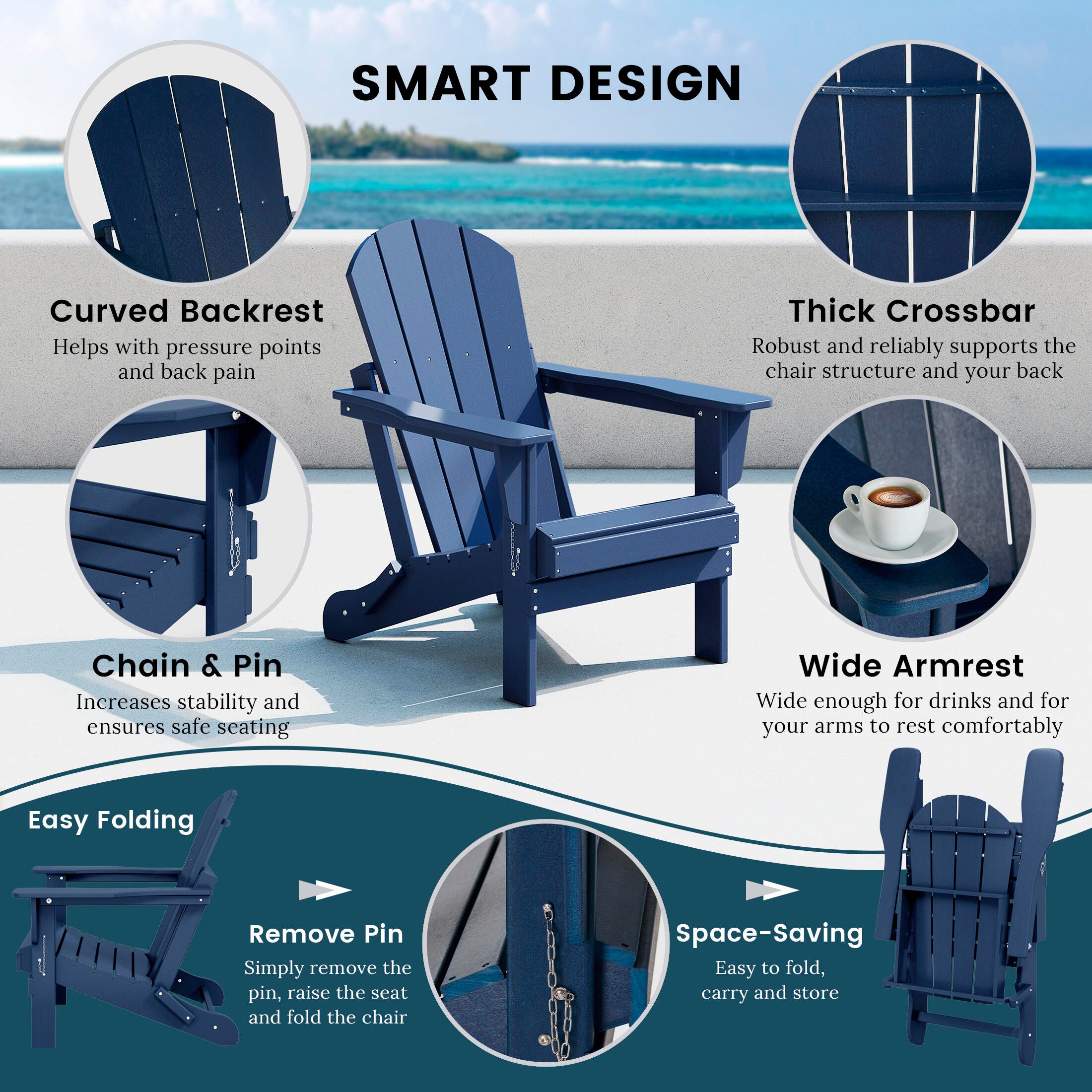 Westin Outdoor Newport Folding Poly Adirondack Chair (set Of 2), Navy Blue, large