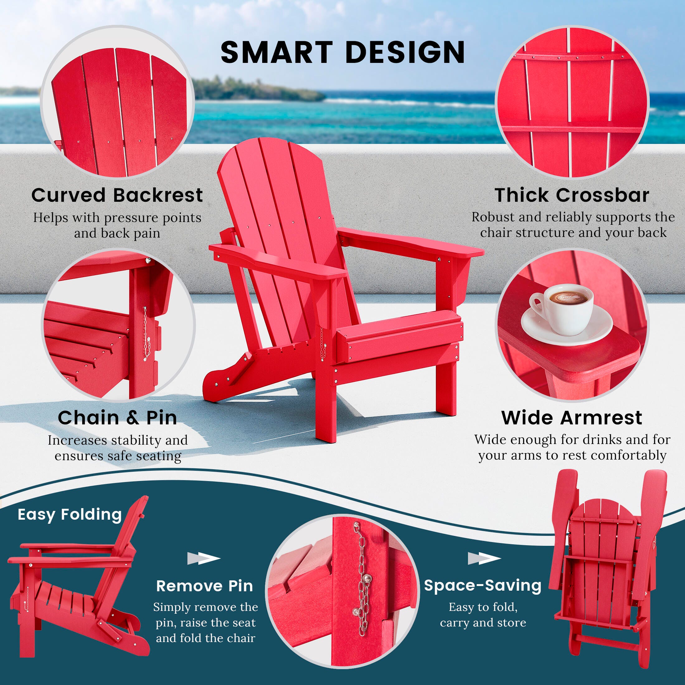 Westin Outdoor Newport Folding Poly Adirondack Chair (set Of 2), Red, large