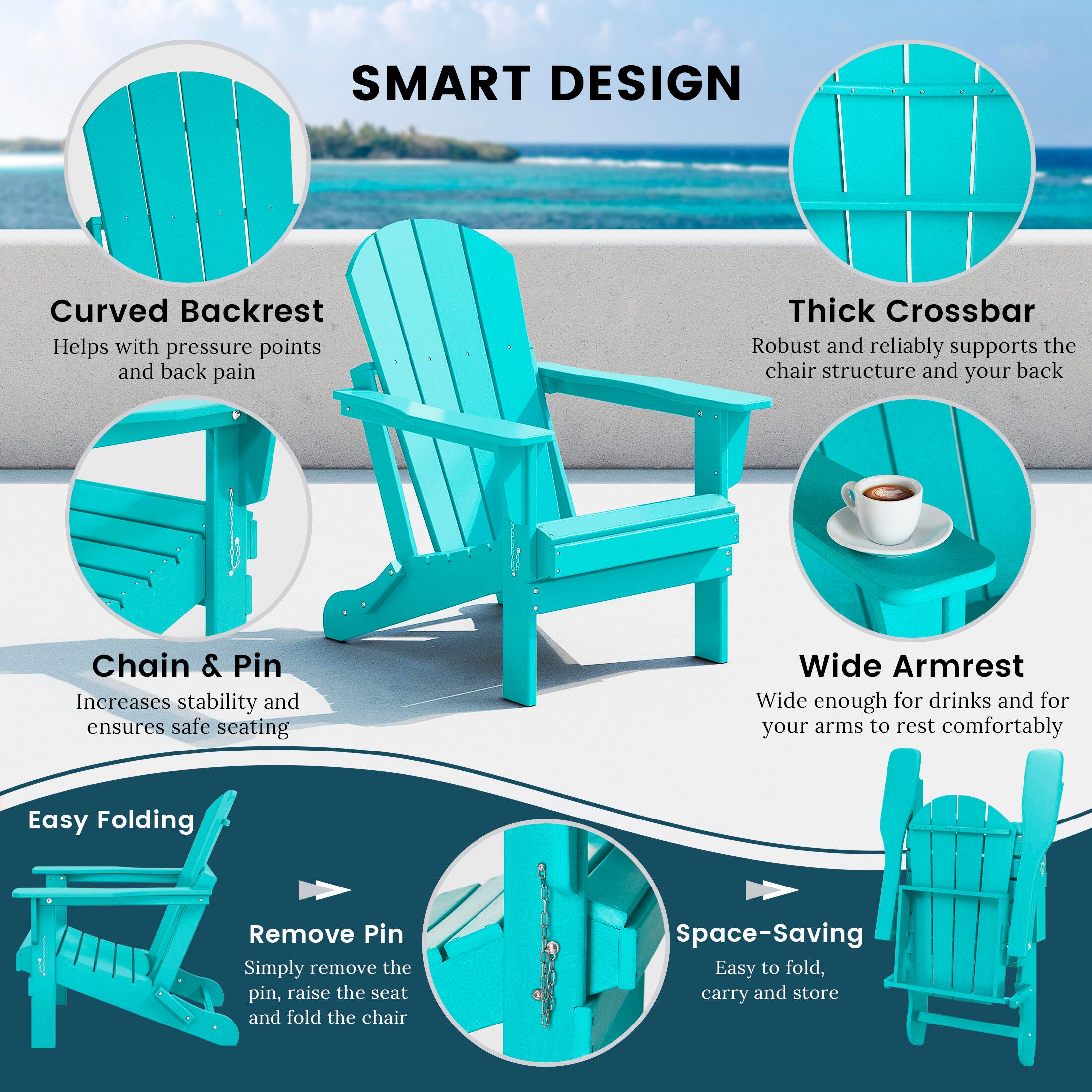 Westin Outdoor Newport Folding Poly Adirondack Chair (set Of 2), Turquoise, large
