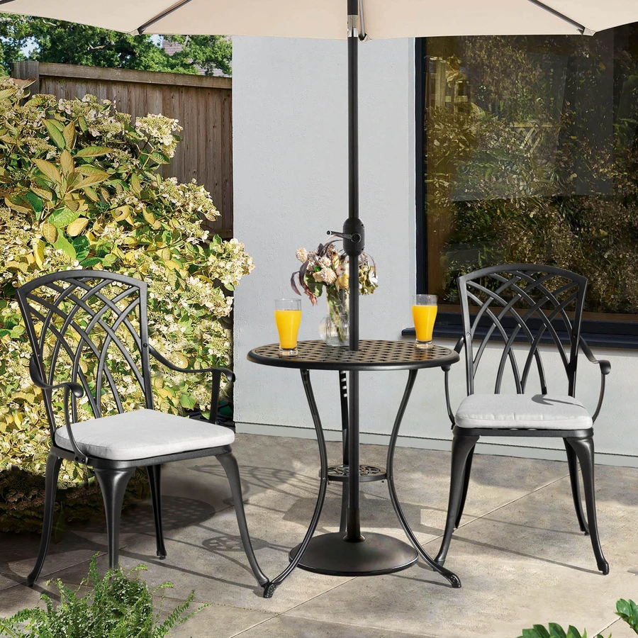 3 pc patio set with umbrella 3-Piece Cast Aluminum Bistro Cushions, Hole patio or balcony Nuu Garden Dark Gray 3-Piece