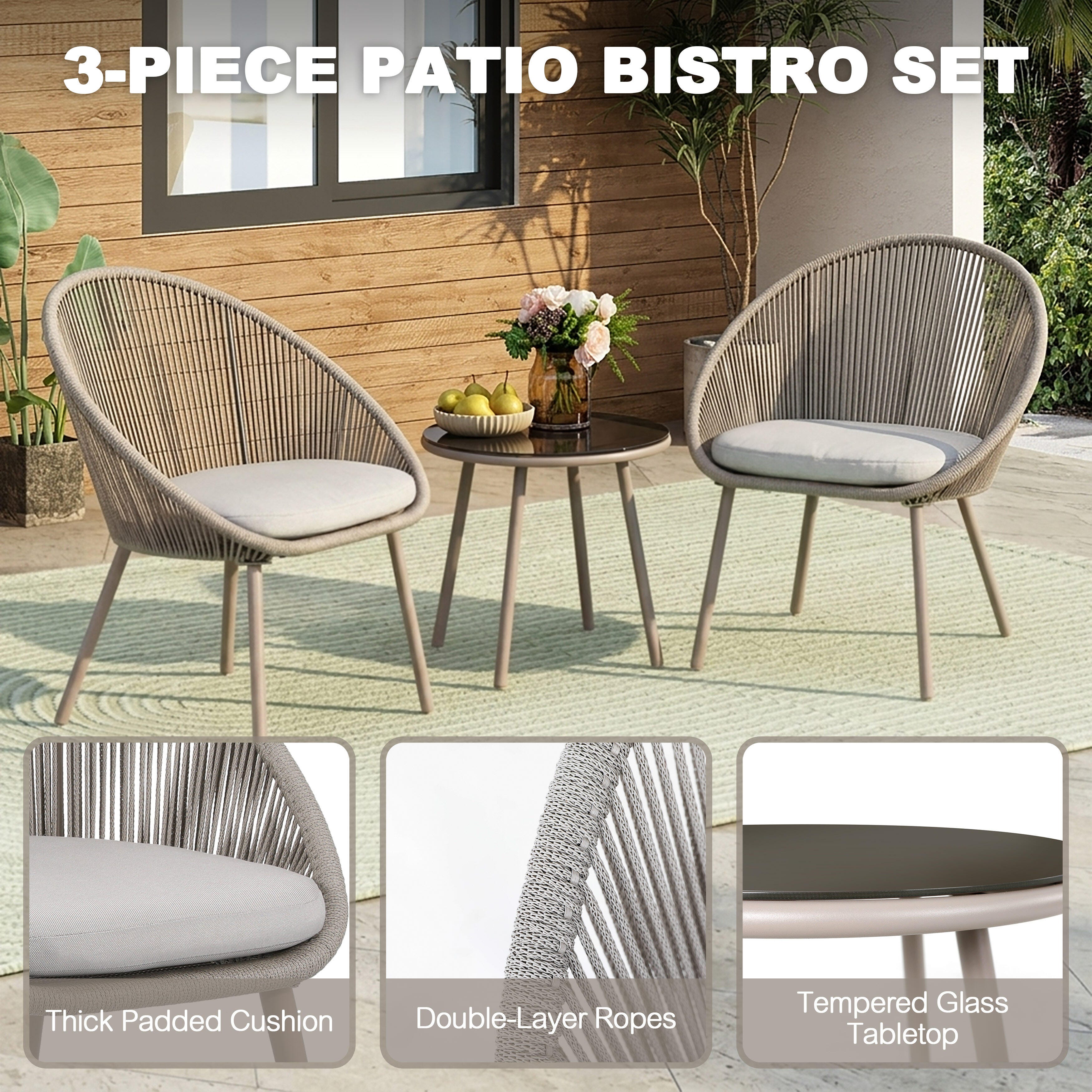 Nuu Garden 3 Piece Outdoor Woven Rope Bistro Set, Beige, large