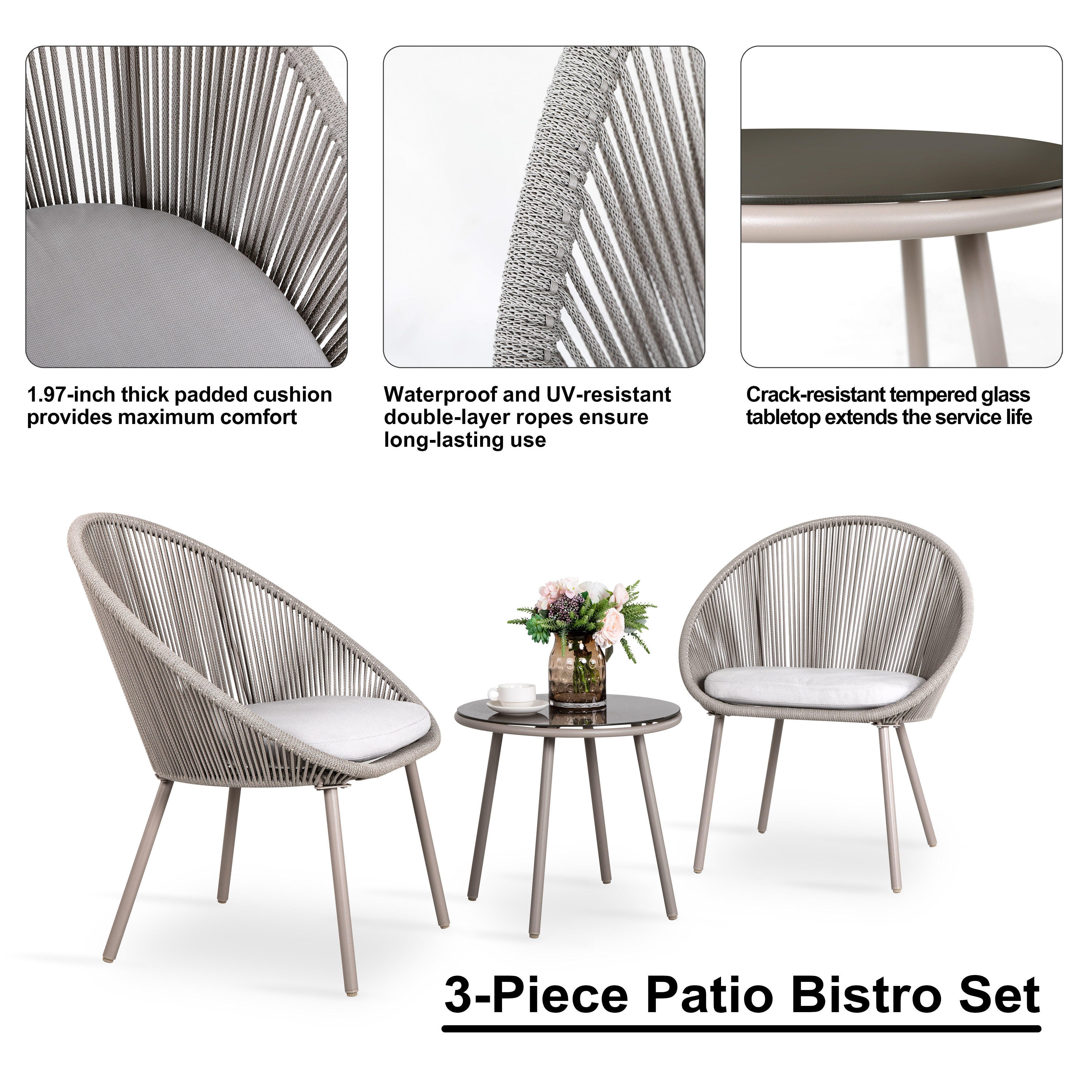 Nuu Garden 3 Piece Outdoor Woven Rope Bistro Set, Beige, large