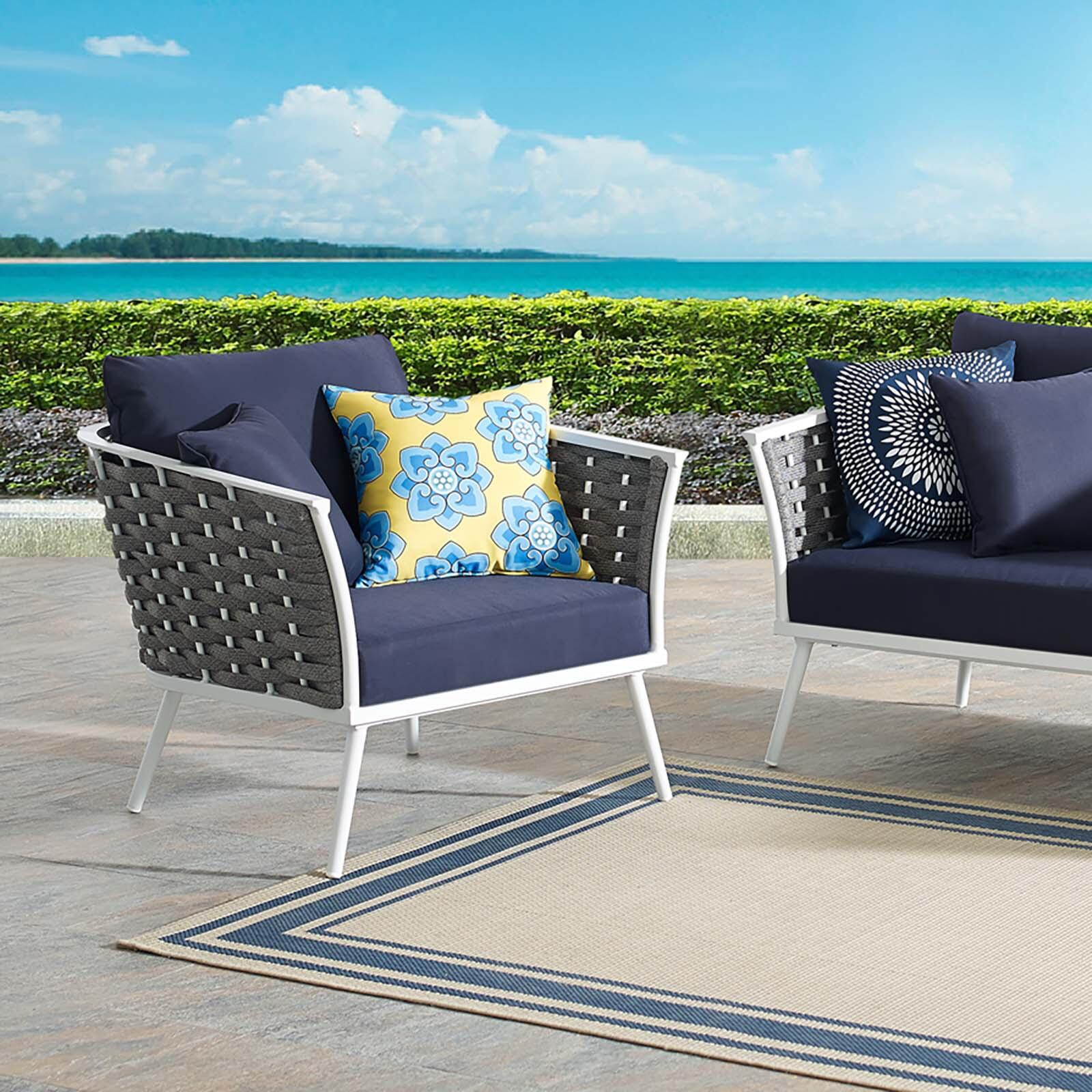 Modway Stance Outdoor Weather Resistant Armchair, White/Navy, rollover