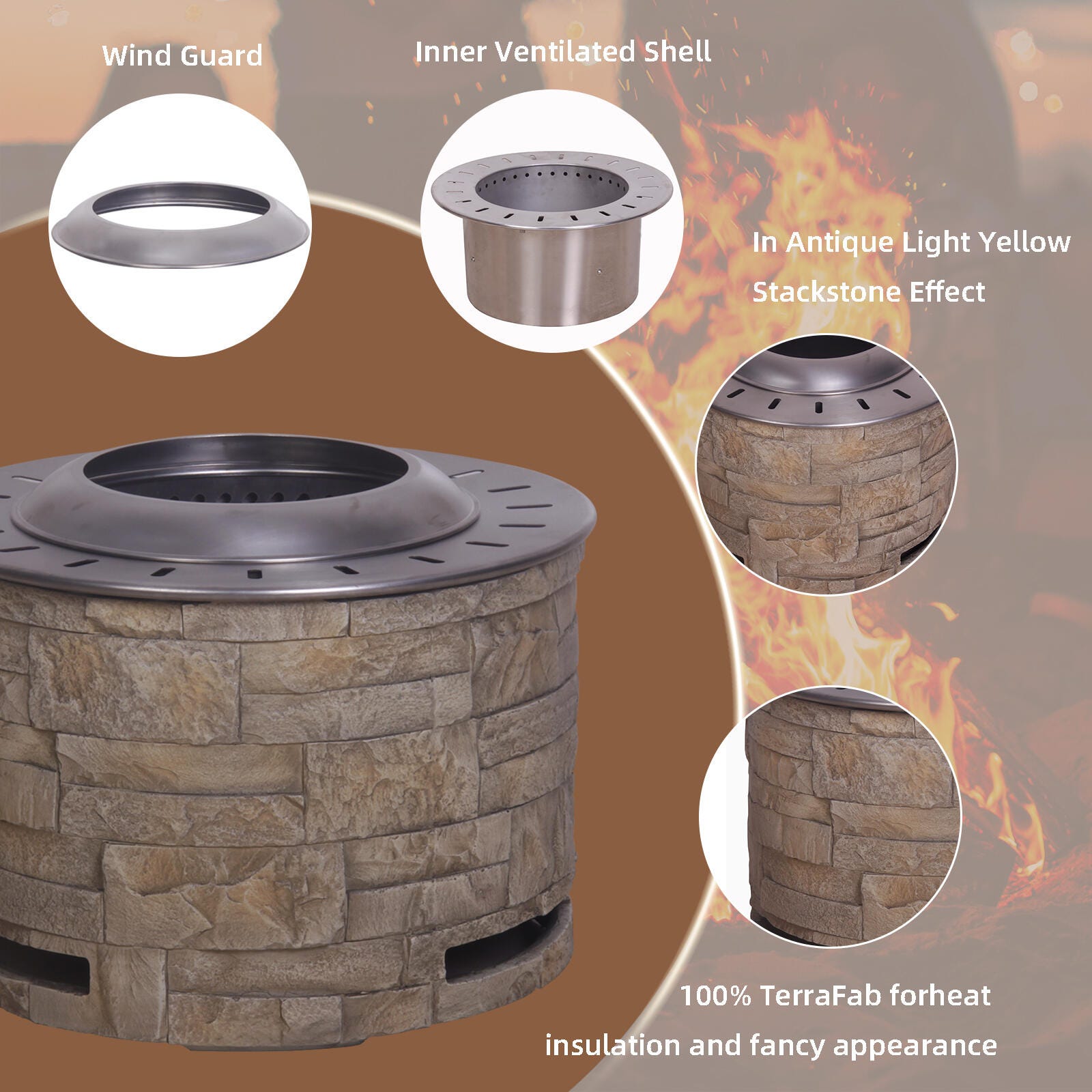 AFTERGLOW Outdoor Smokeless Firepit with Surround, Antique White, large