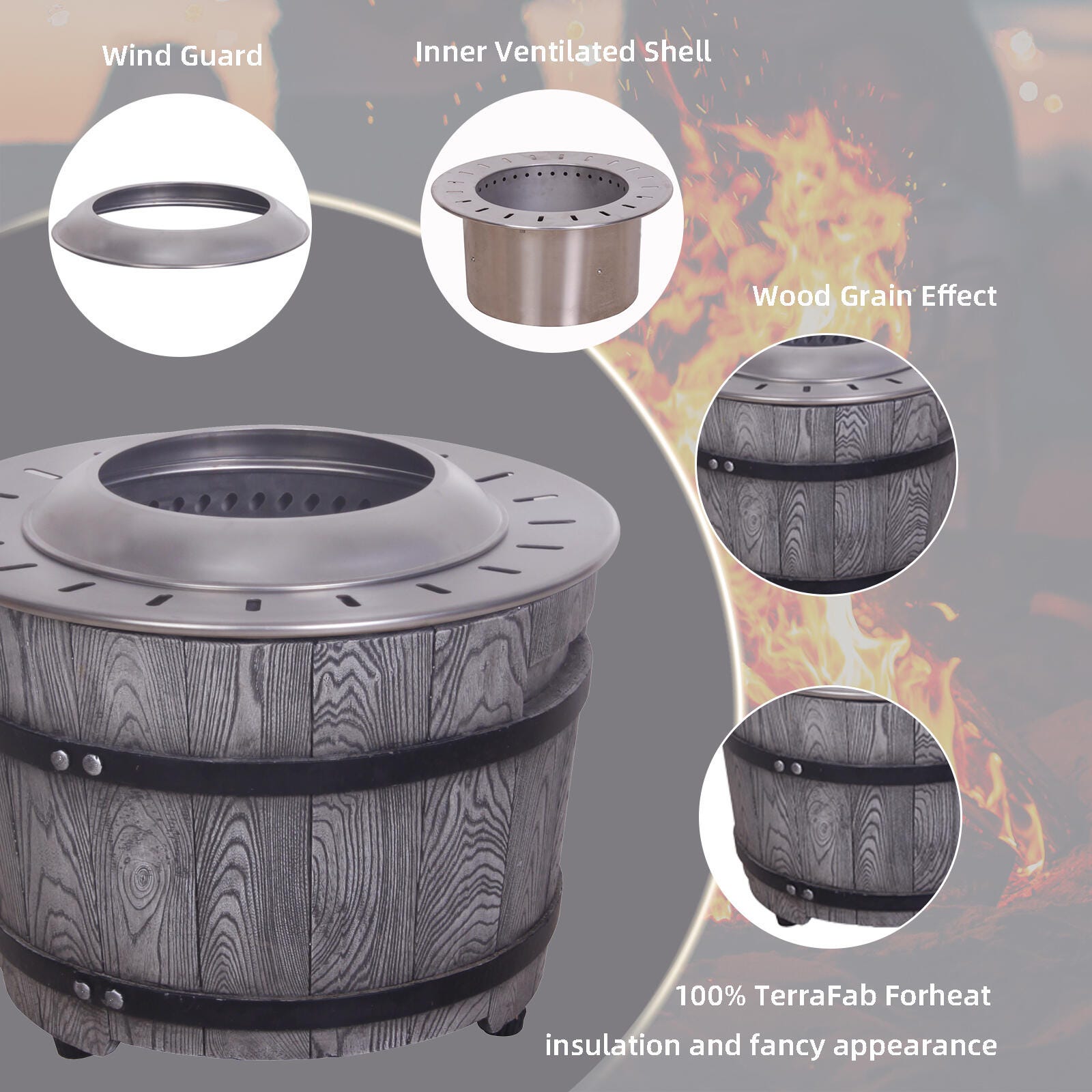 AFTERGLOW Outdoor Smokeless Firepit with Surround, Antique Gray, large