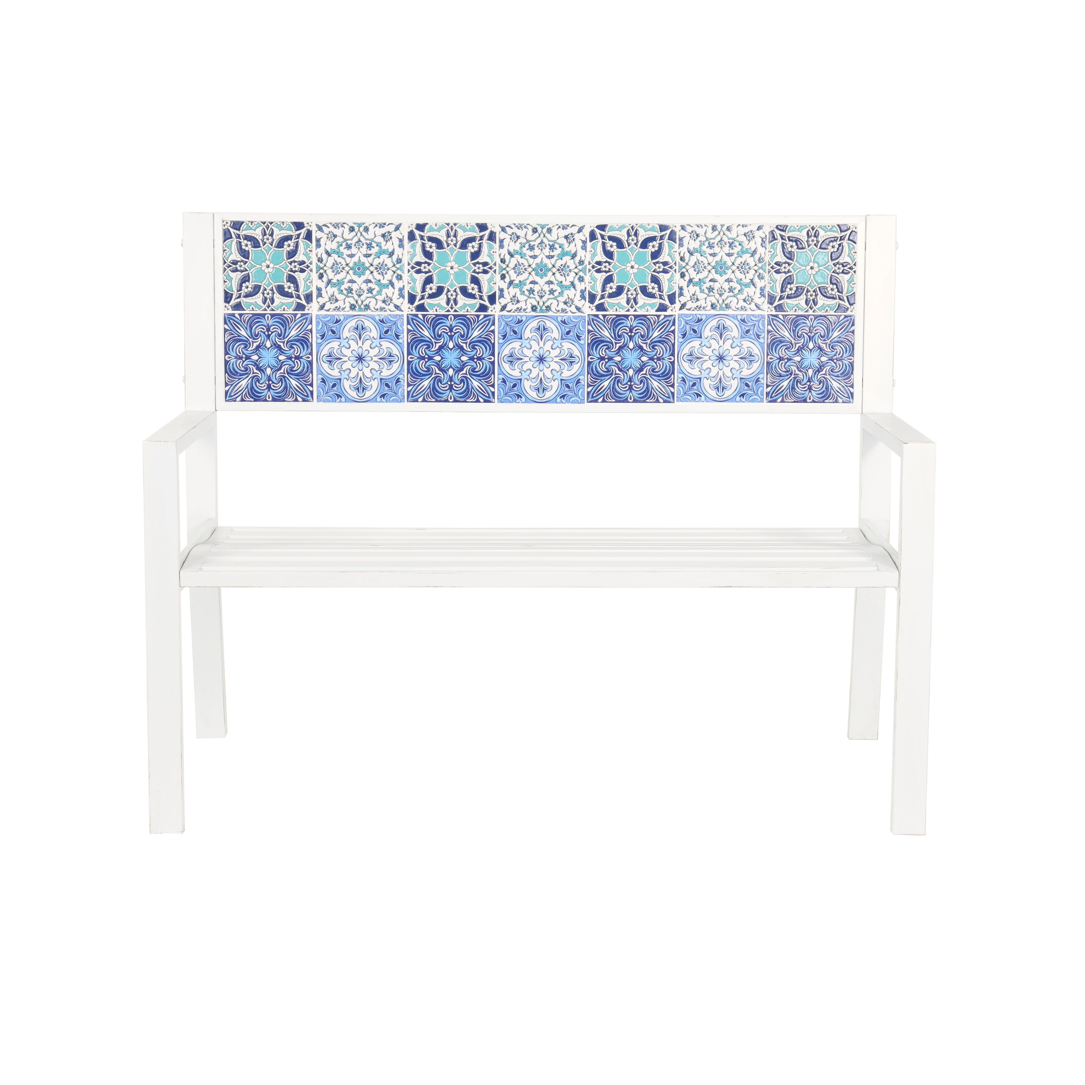 Bayberry Lane Mosaic Outdoor Bench, White, large
