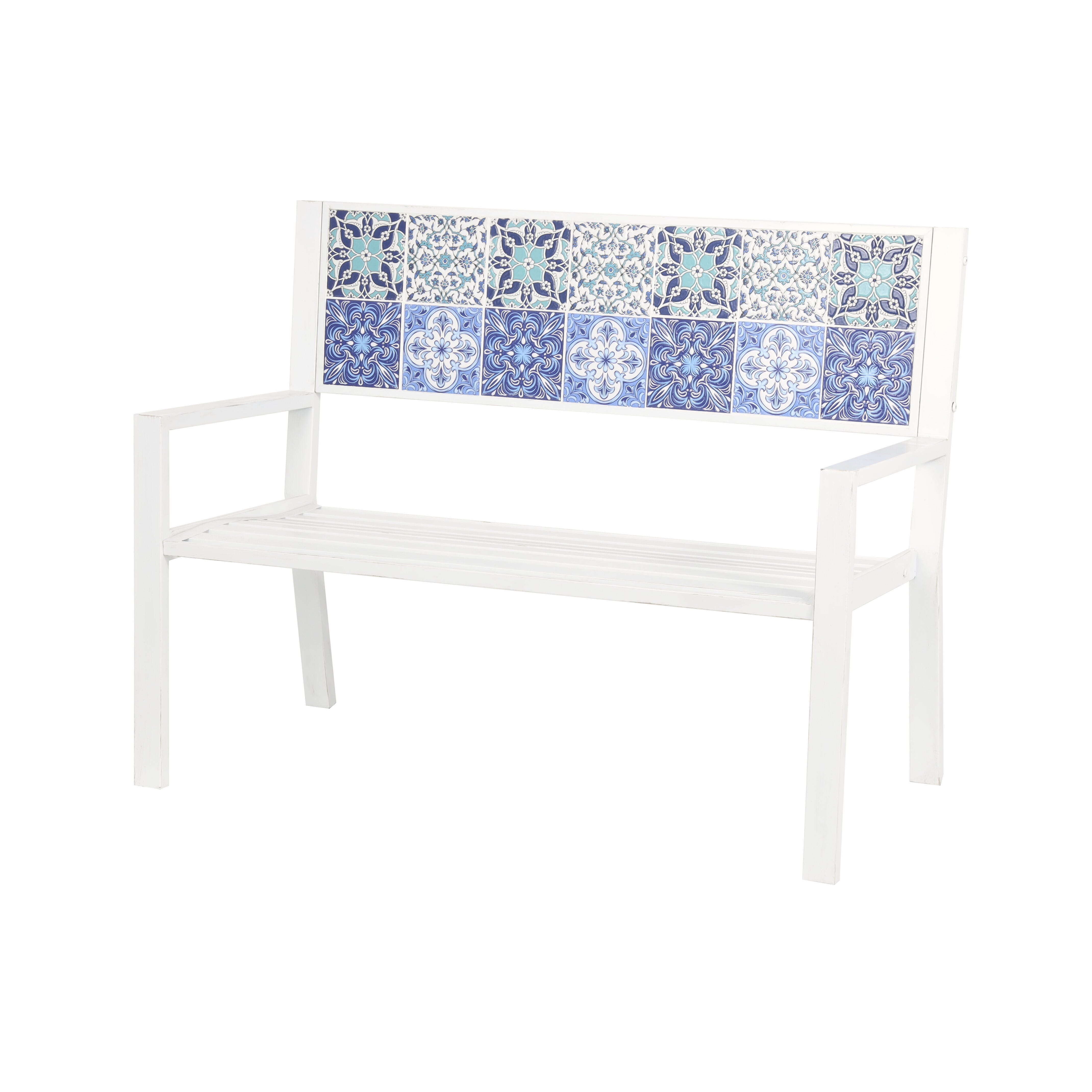 Bayberry Lane Mosaic Outdoor Bench, White, large