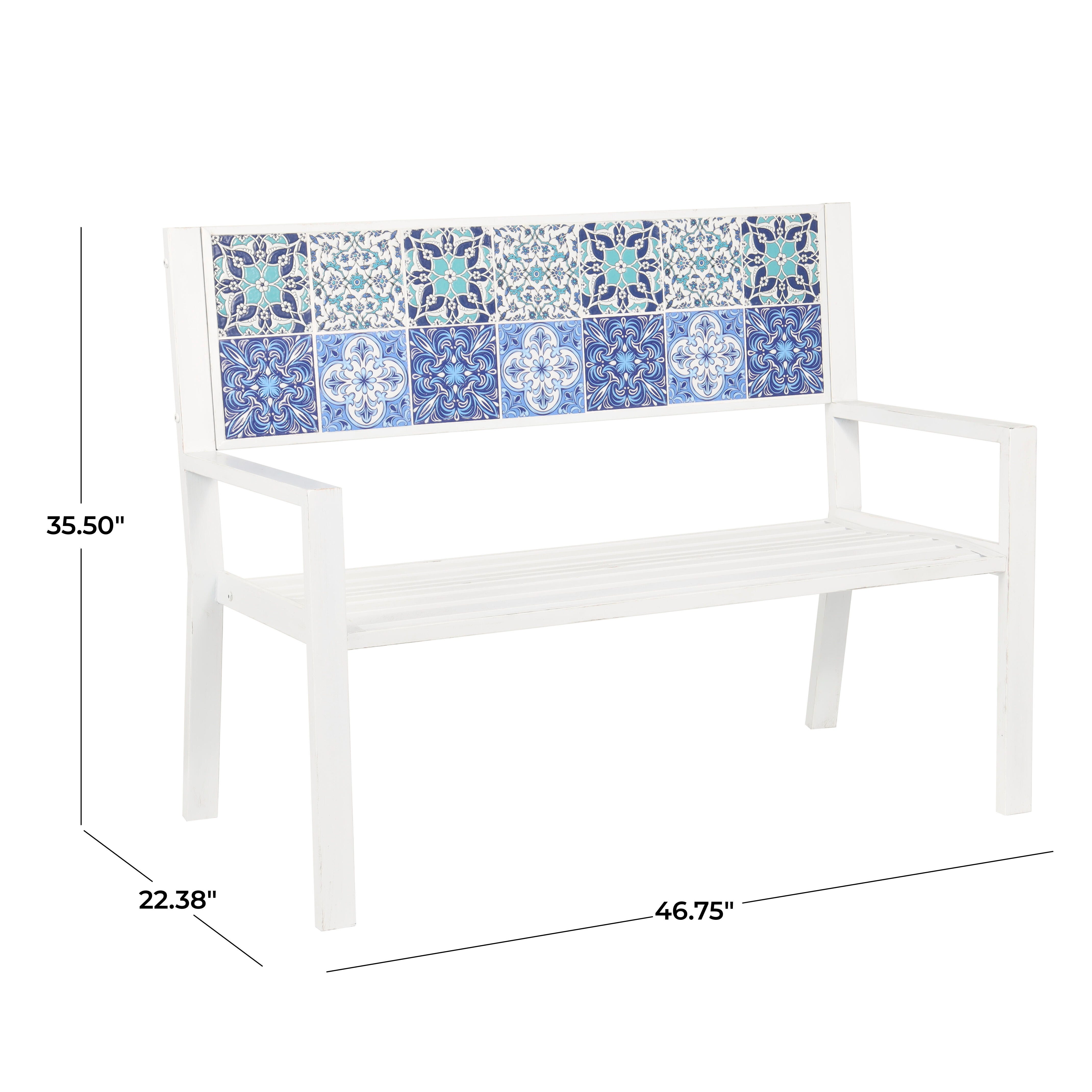 Bayberry Lane Mosaic Outdoor Bench, White, large
