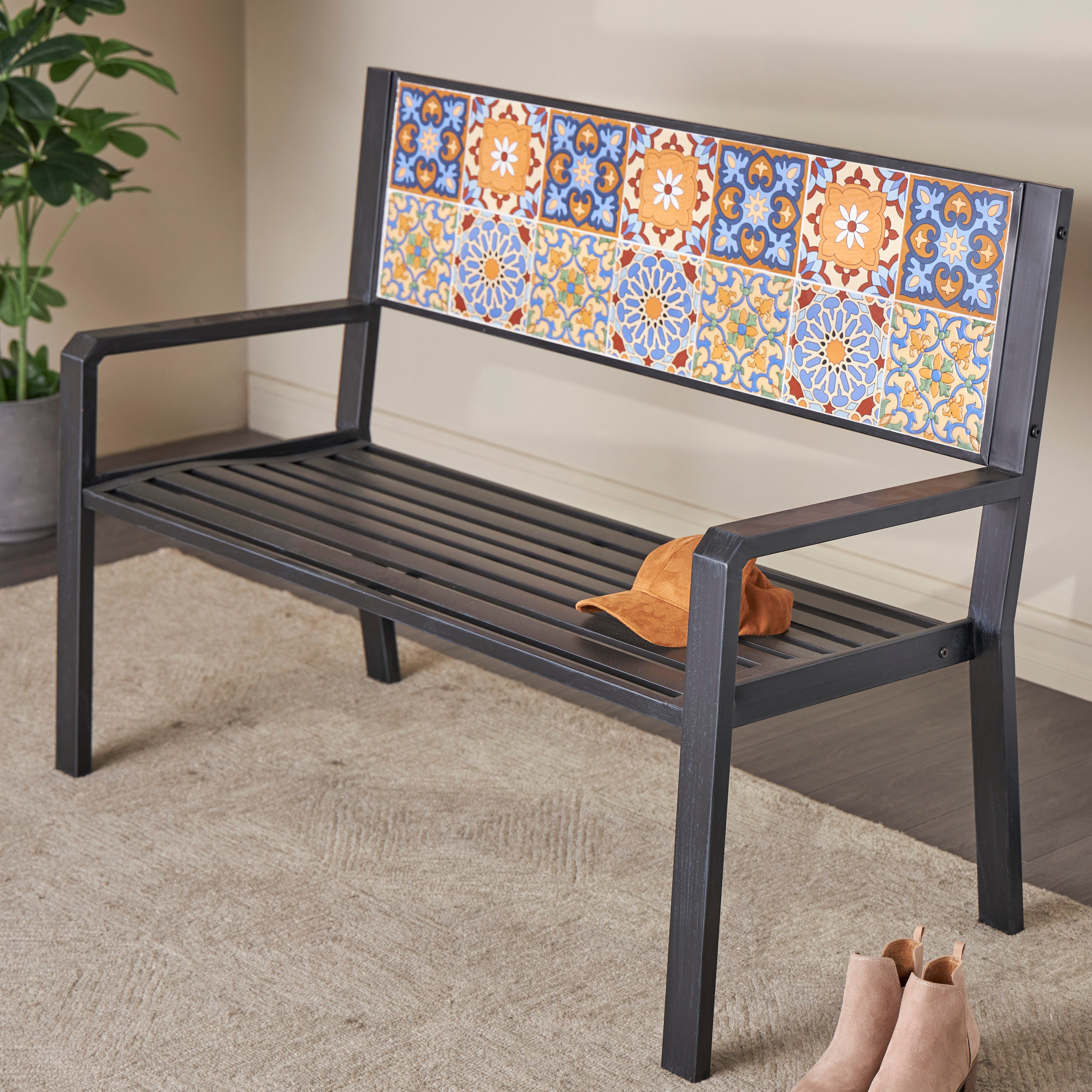Bayberry Lane Mosaic Outdoor Bench, Black, rollover