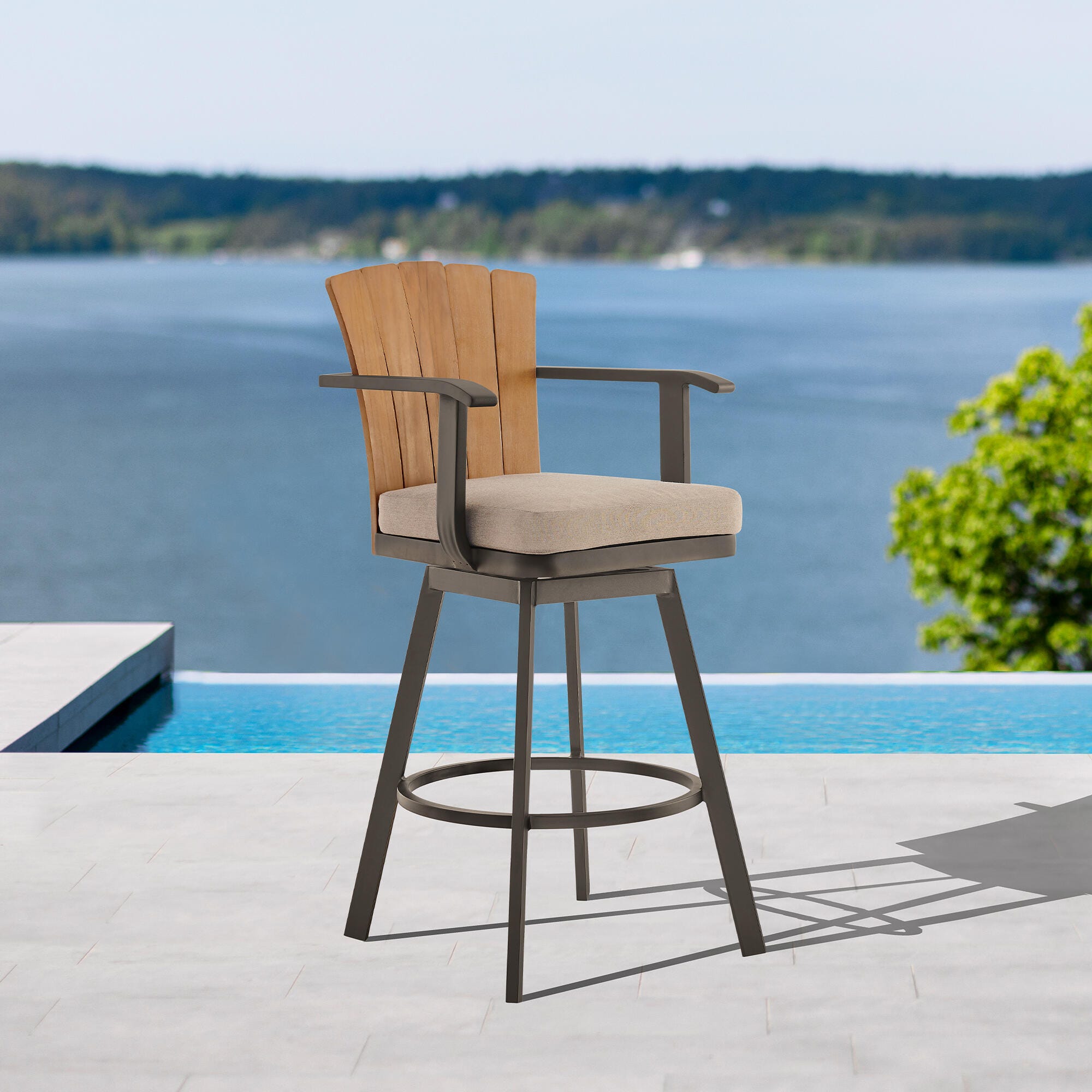 Hazel Outdoor Patio Swivel Bar Stool, Brown, rollover