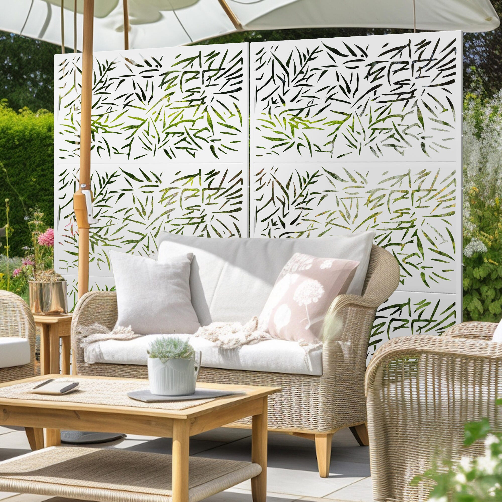 TranquilBreeze Bamboo Leaves Outdoor Privacy Screen Garden Fence, White, large