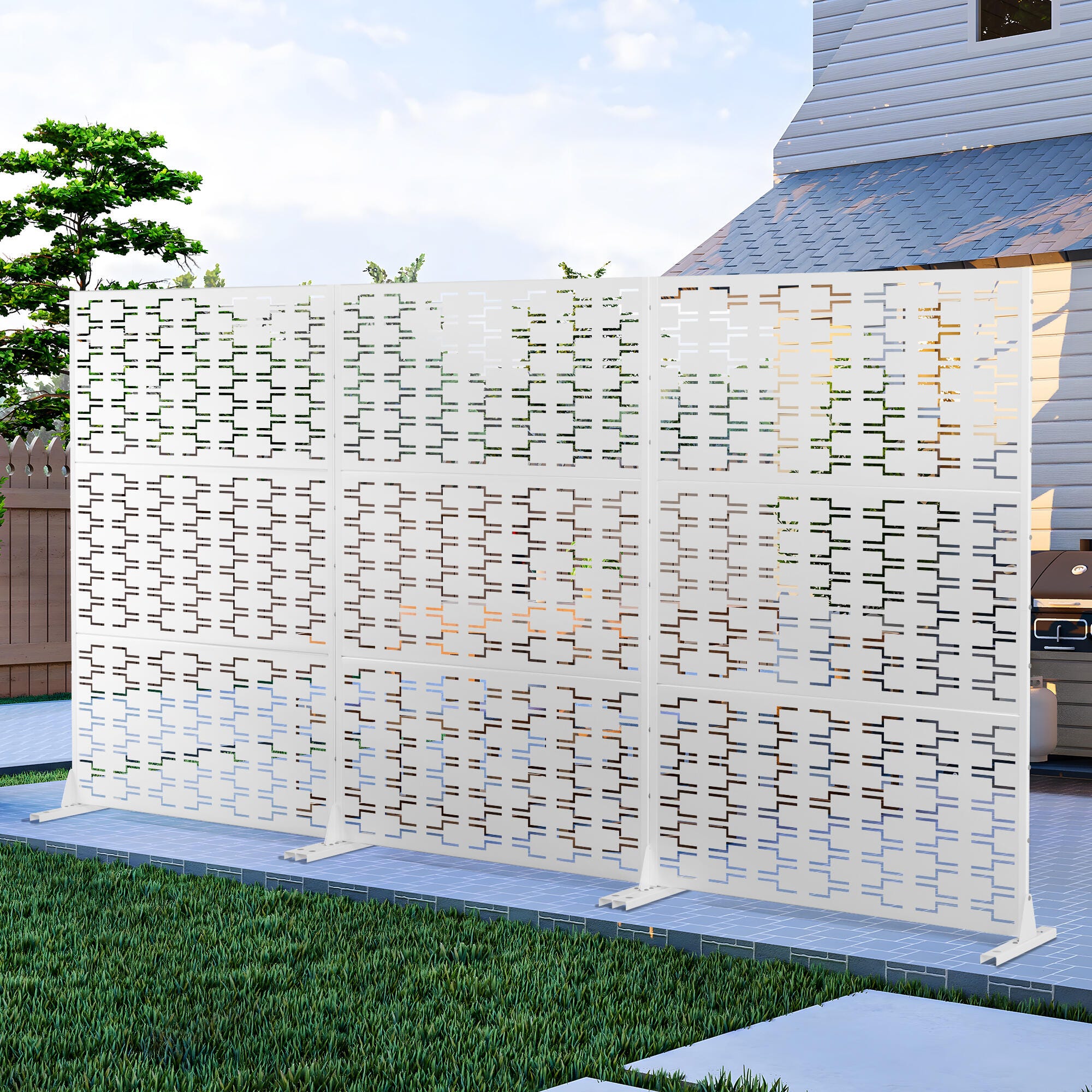 TranquilBreeze Bricks Pattern Outdoor Privacy Screen Garden Fence, White, large