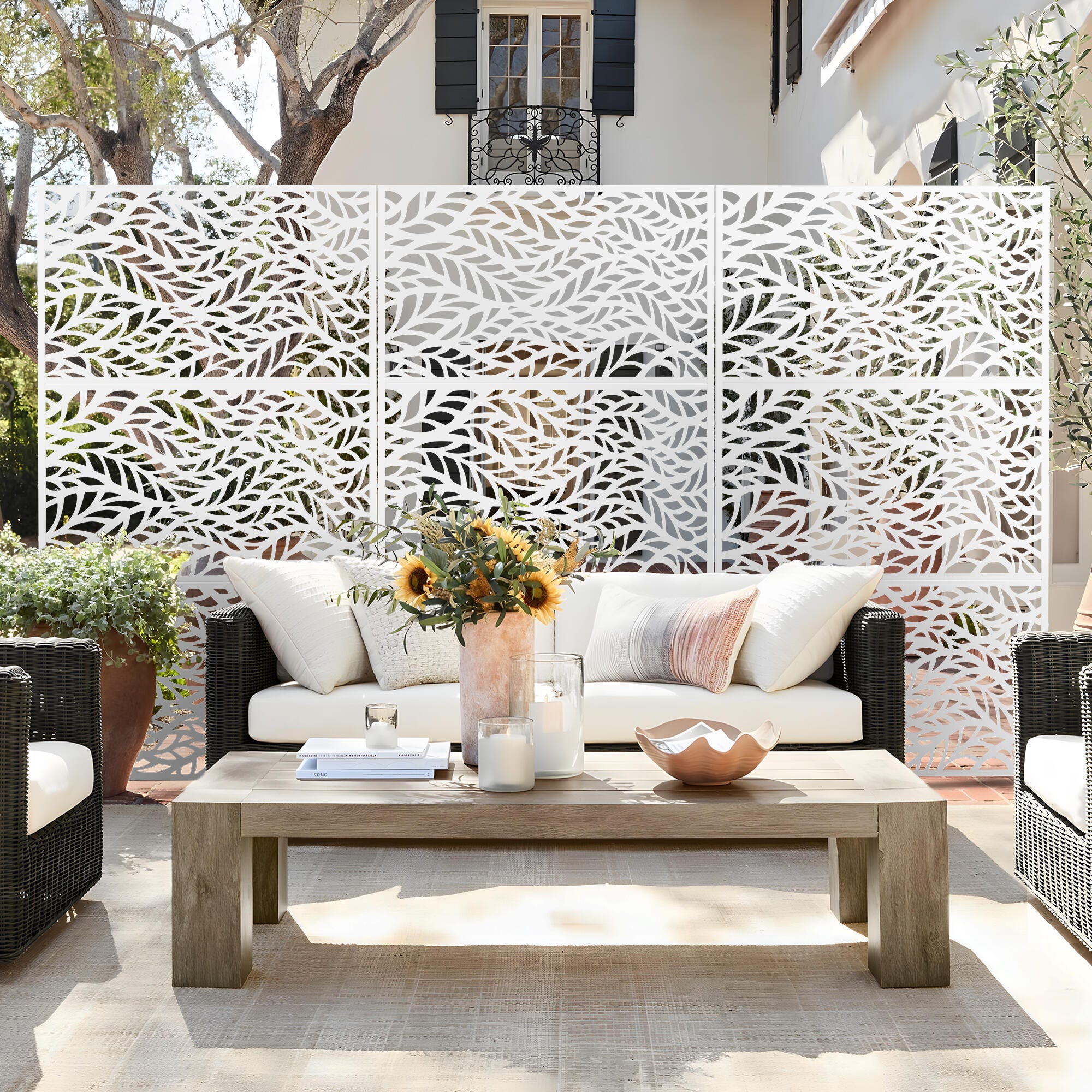 TranquilBreeze Flowing Leaves Outdoor Privacy Screen Garden Fence, White, large