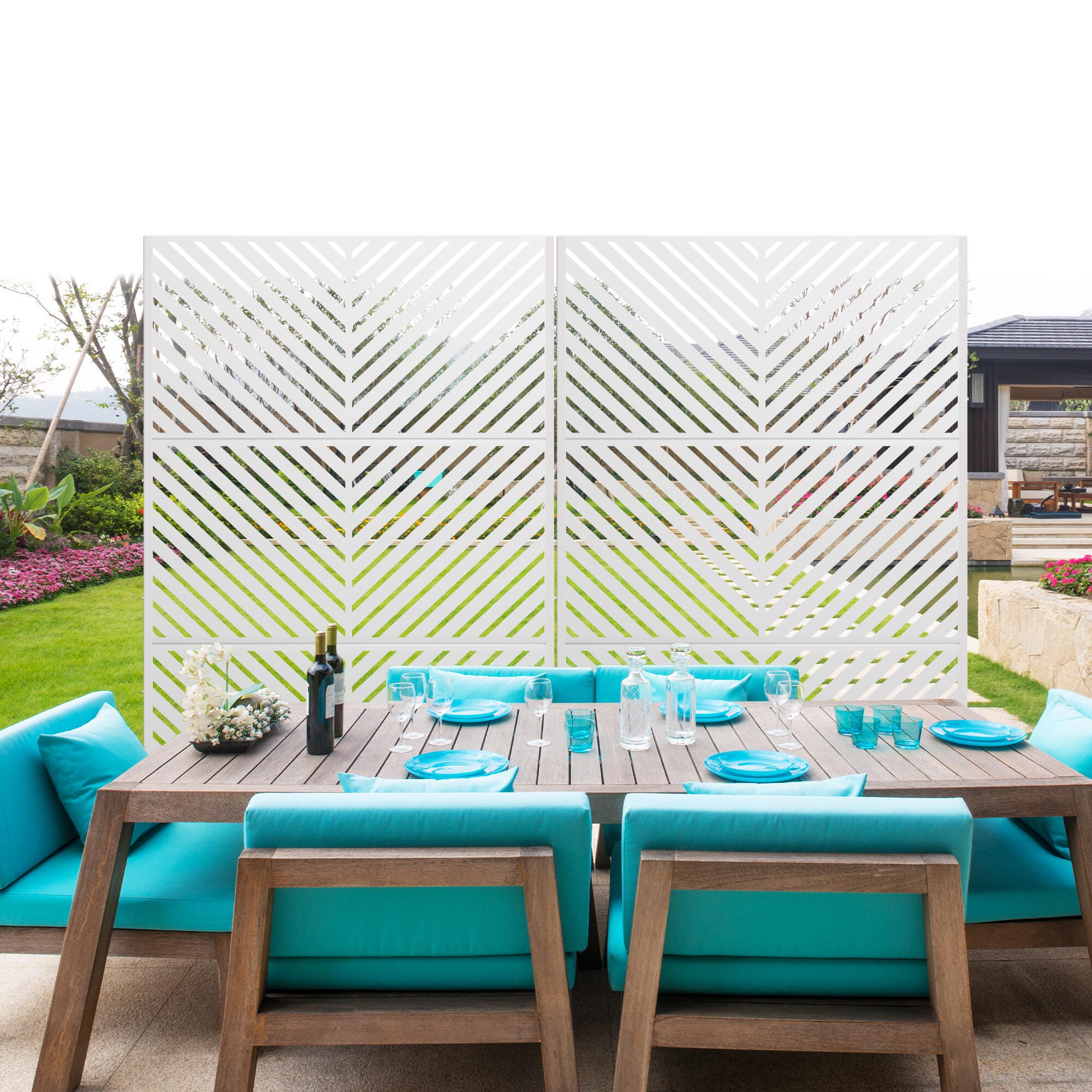 TranquilBreeze Arrows Outdoor Privacy Screen Garden Fence, White, large