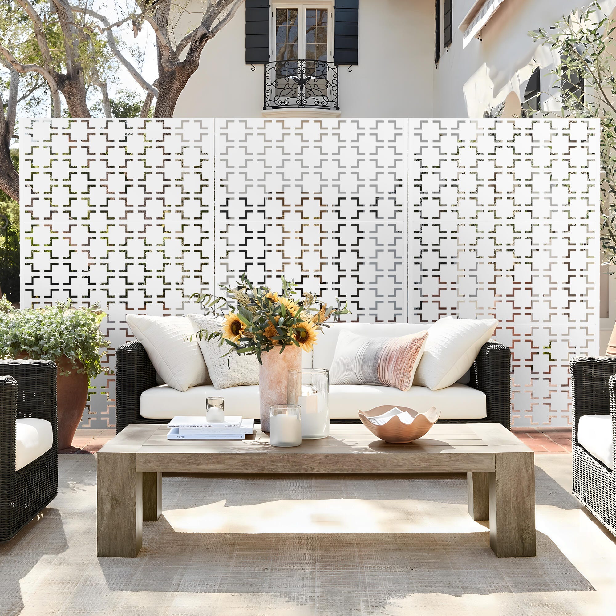 TranquilBreeze Square Outdoor Privacy Screen Garden Fence, White, large