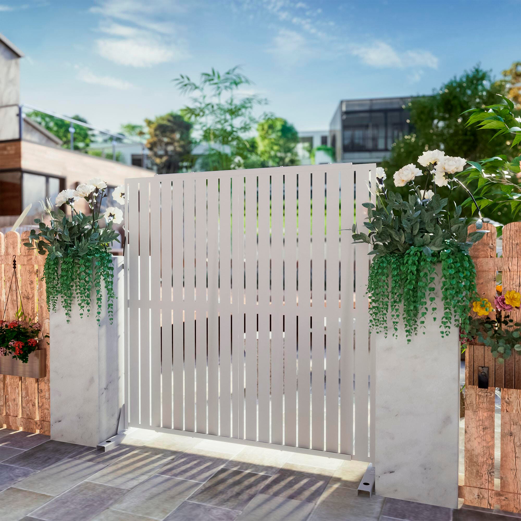 TranquilBreeze Louver Outdoor Privacy Screen Garden Fence, White, large