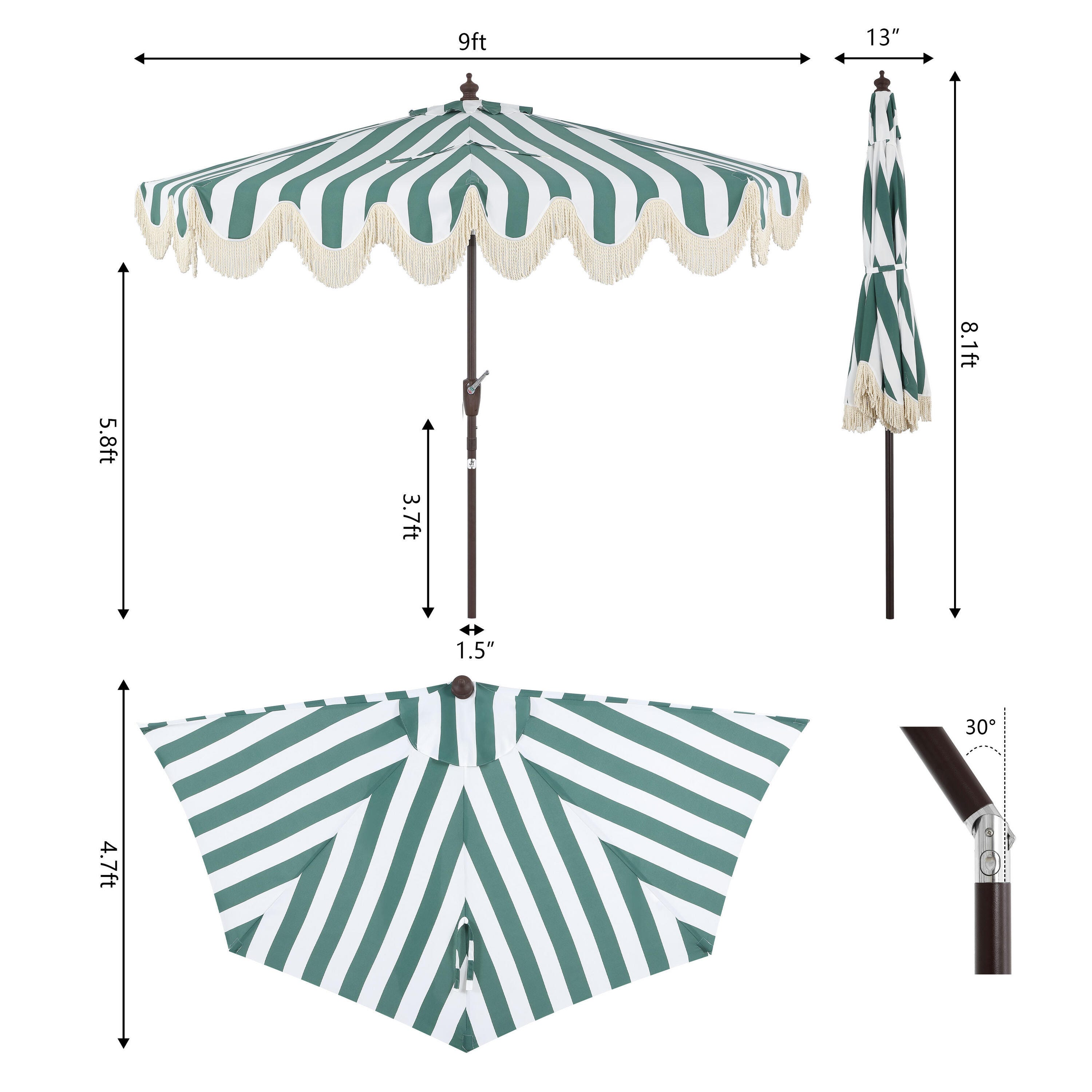 JONATHAN Y Beverly 9'  Outdoor Half-Tilted Umbrella, Green/White, large
