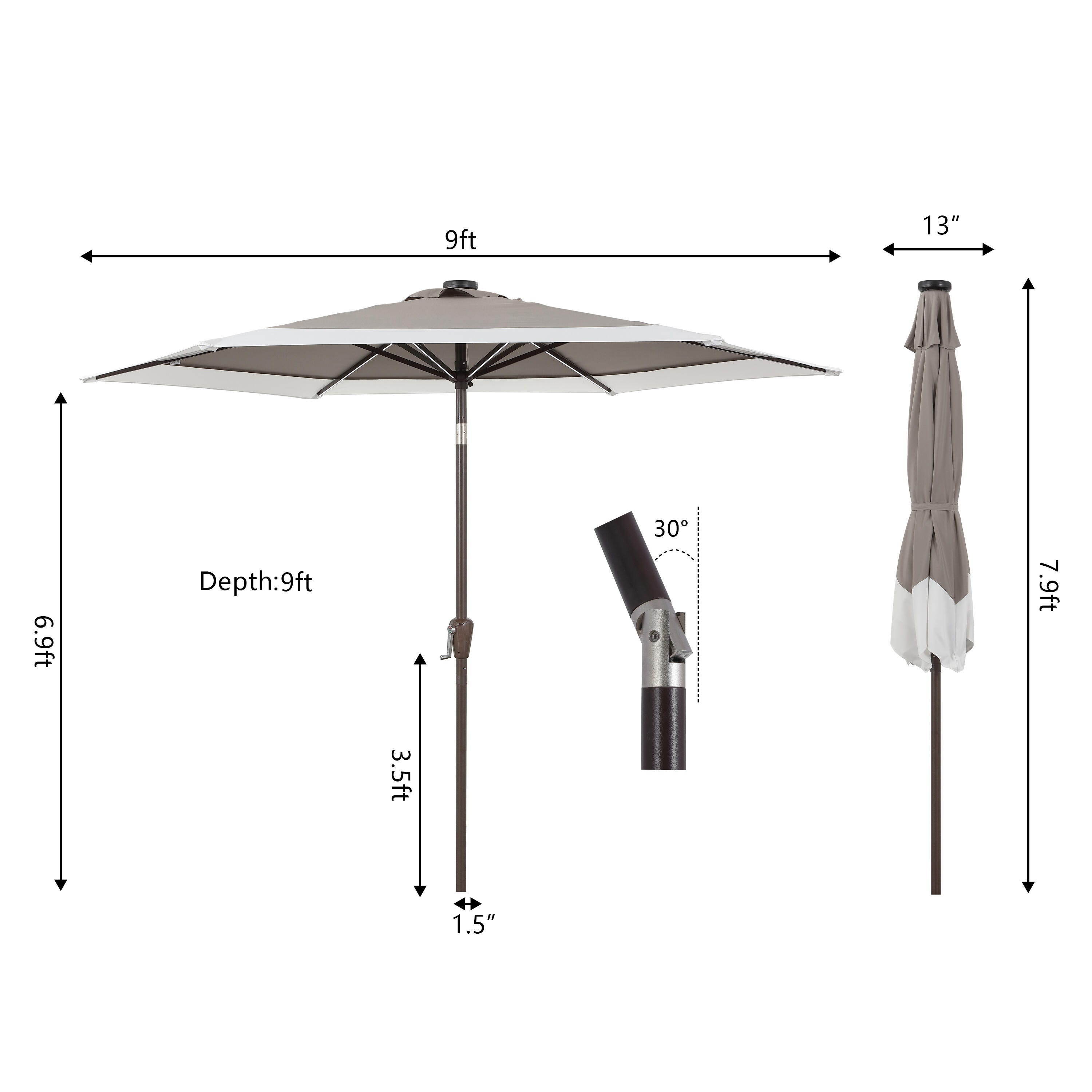 JONATHAN Y Spencer 9'  Outdoor Umbrella with LED Lights, Gray/White, large