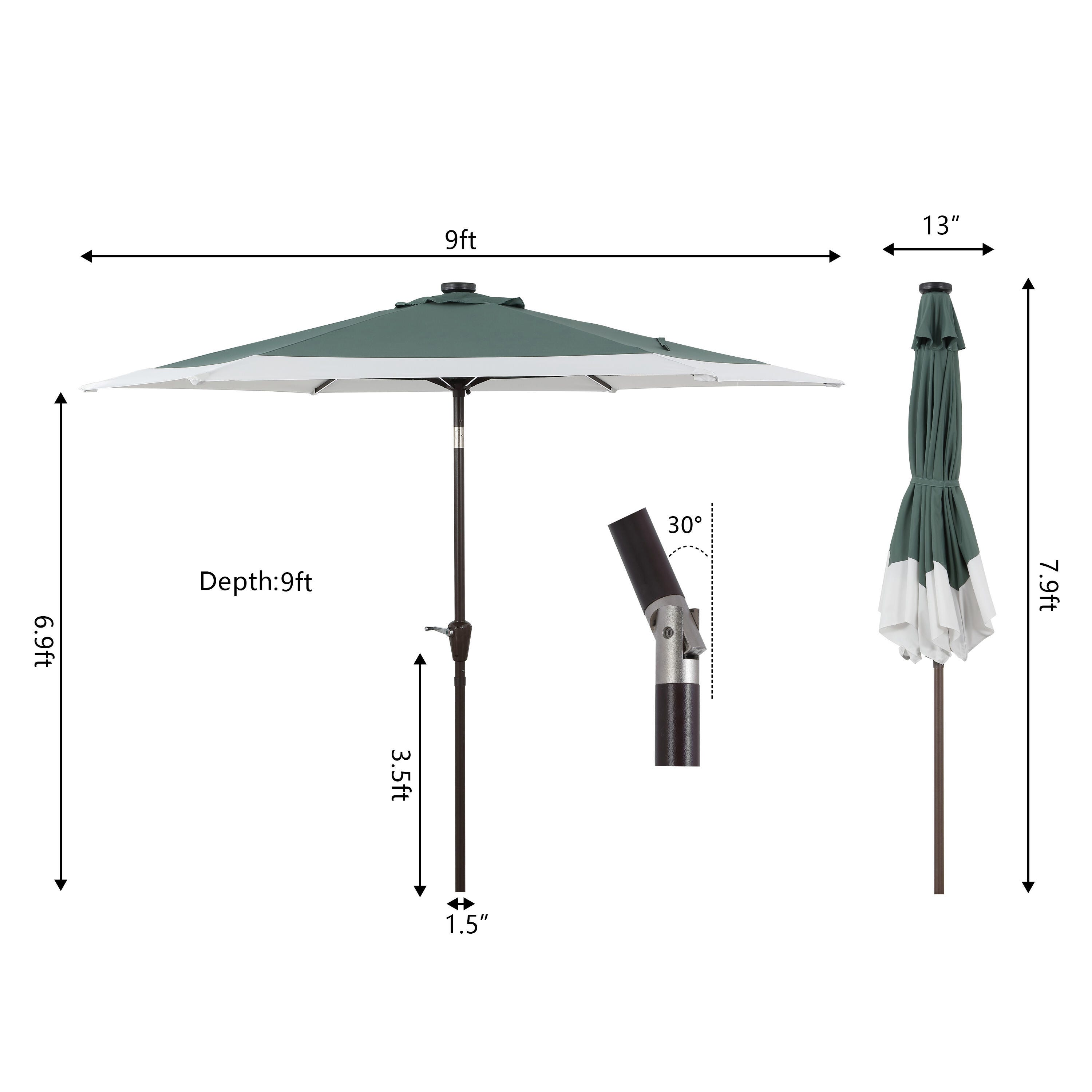 JONATHAN Y Spencer 9'  Outdoor Umbrella with LED Lights, Green/White, large