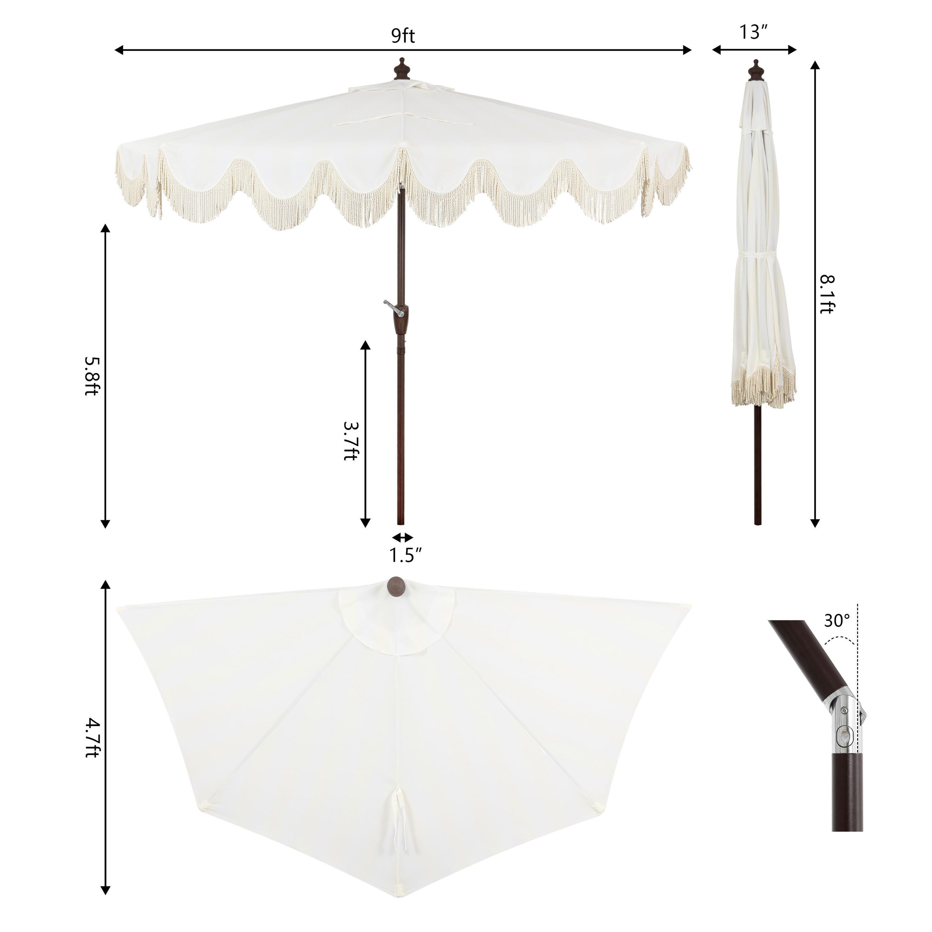JONATHAN Y Beverly 9'  Outdoor Half-Tilted Umbrella, Cream/White, large