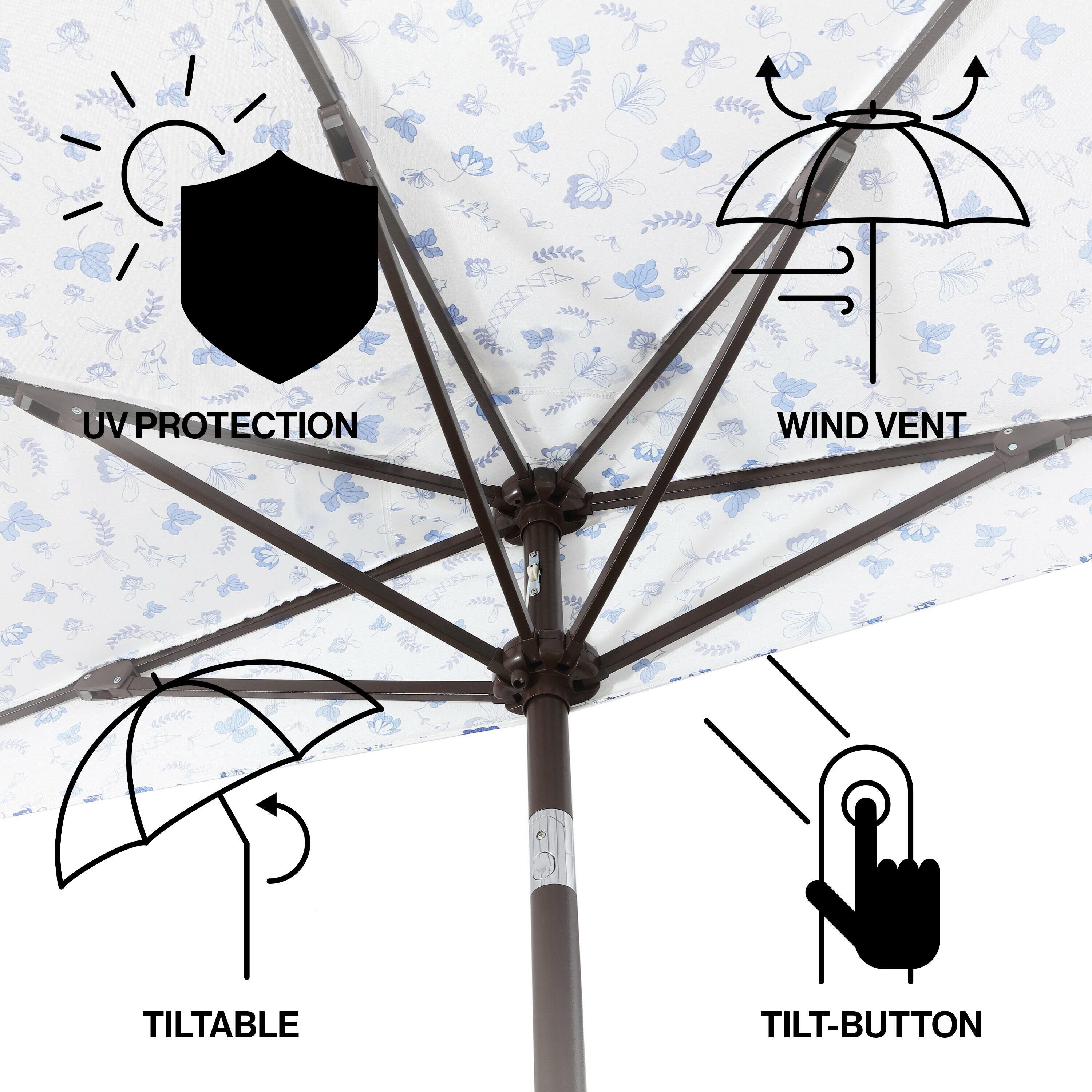 JONATHAN Y Beverly 9'  Outdoor Half-Tilted Umbrella, Blue/White/Cream, large