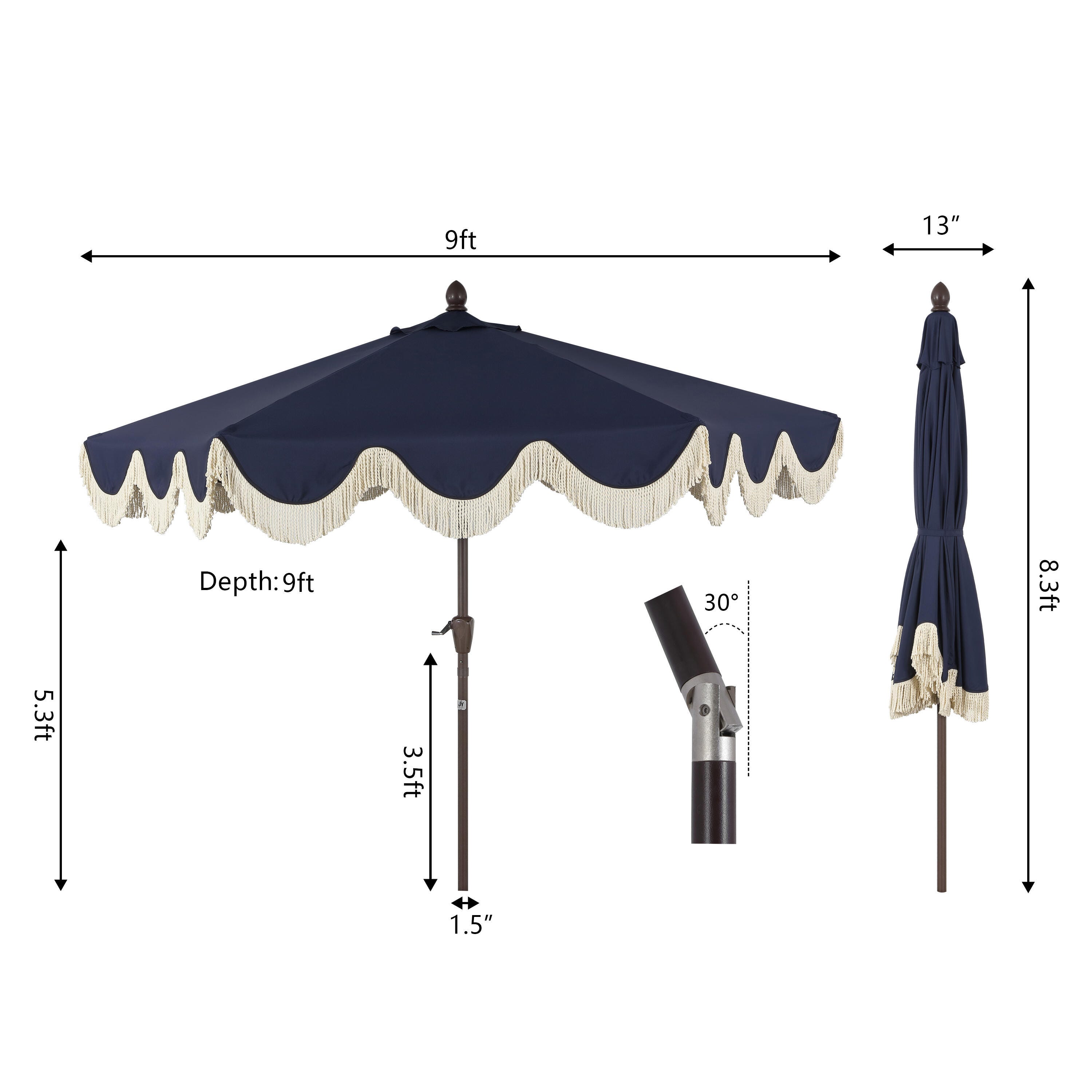JONATHAN Y Collins 9'  Outdoor Tilted Umbrella, Navy/Cream, large