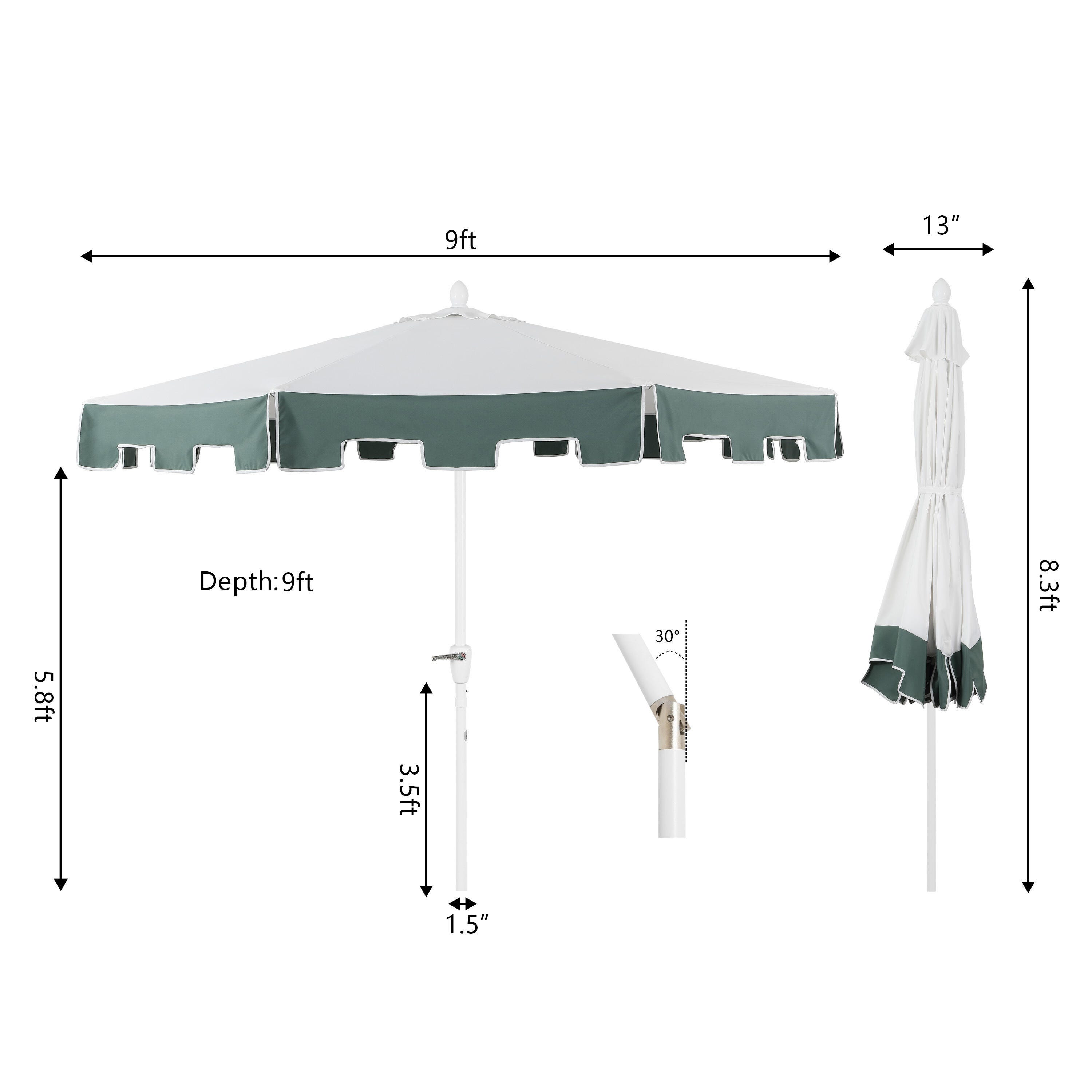 JONATHAN Y Baiona 9'  Outdoor Tilted Umbrella, White/Green, large