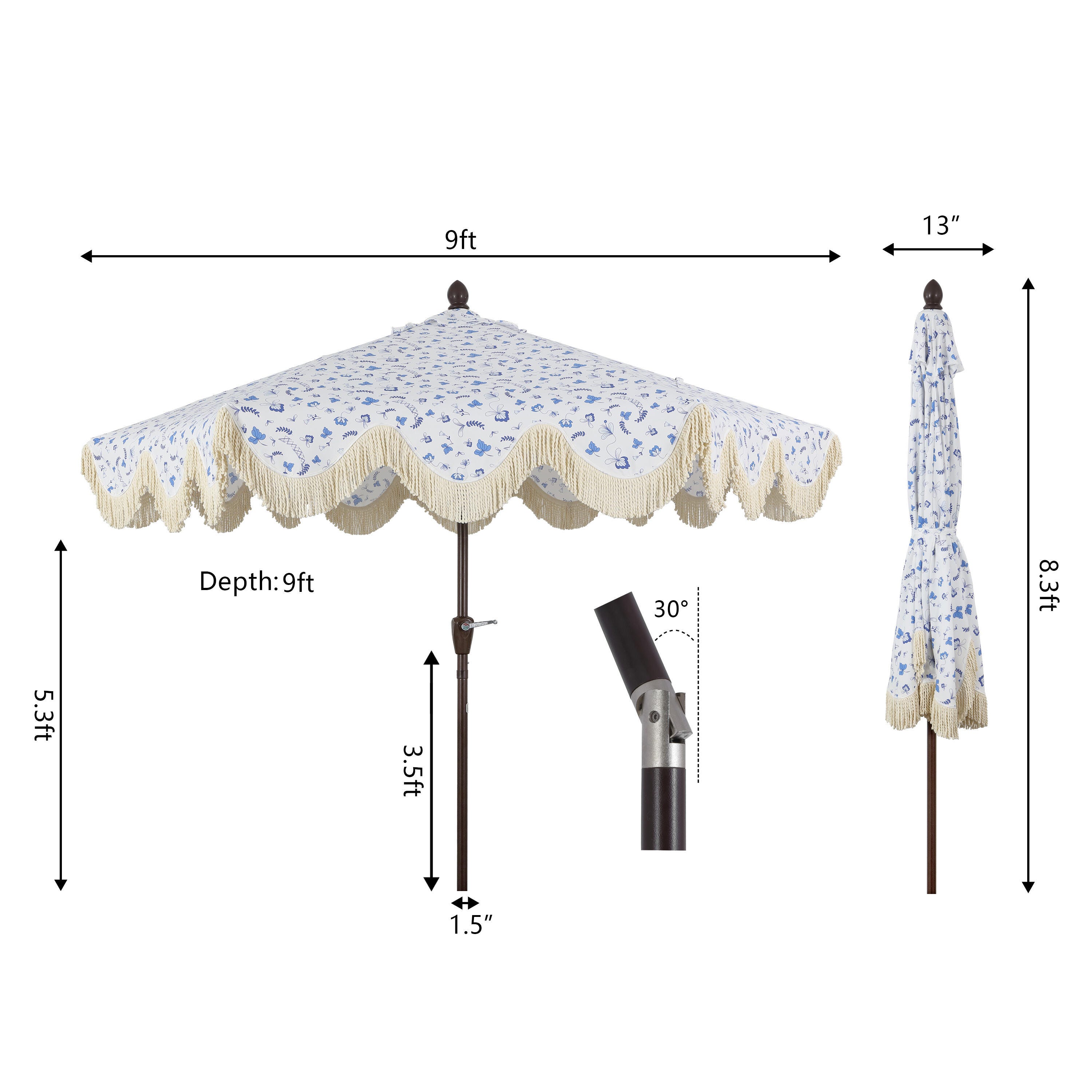 JONATHAN Y Collins 9'  Outdoor Tilted Umbrella, Blue/White/Cream, large