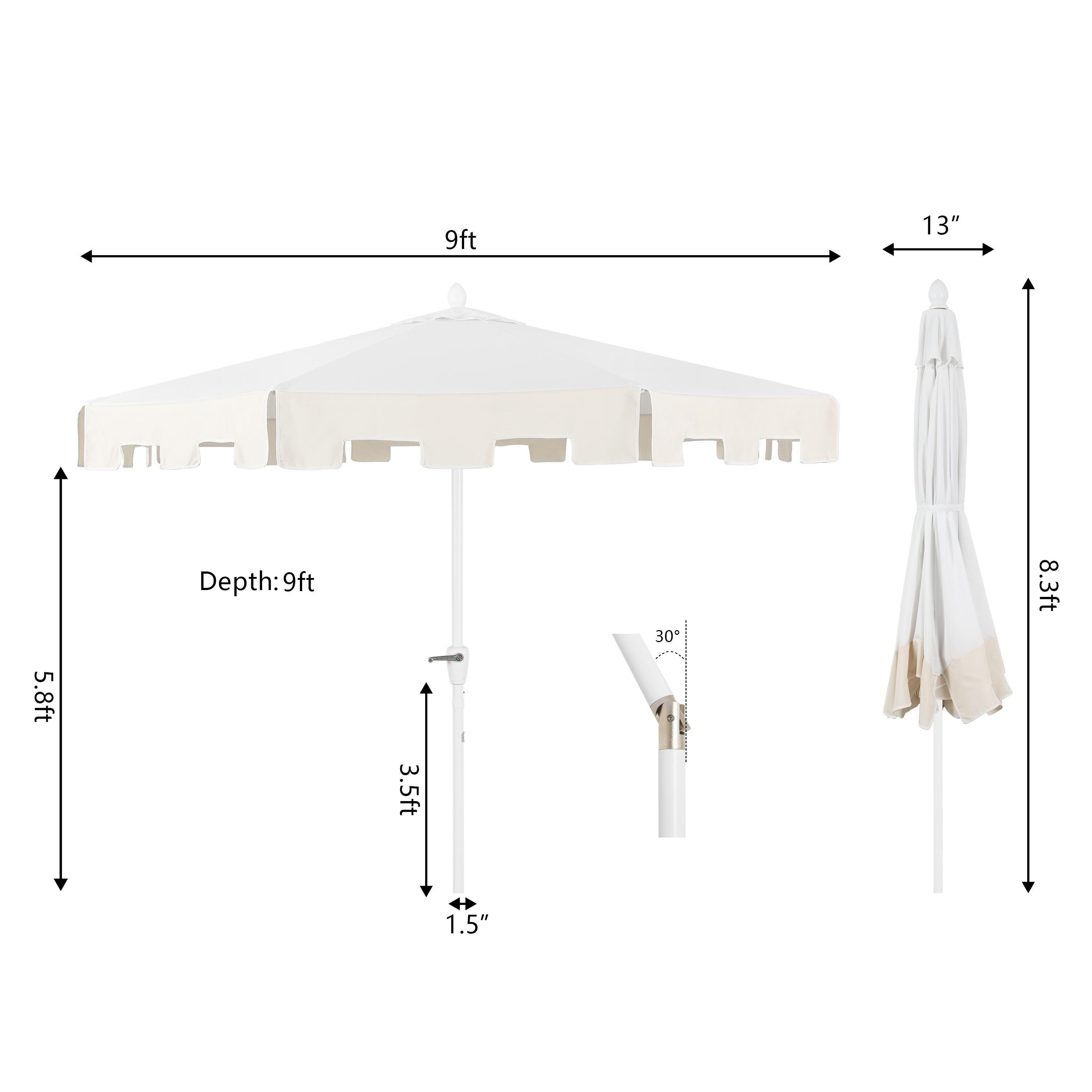 JONATHAN Y Baiona 9'  Outdoor Tilted Umbrella, White/Cream, large