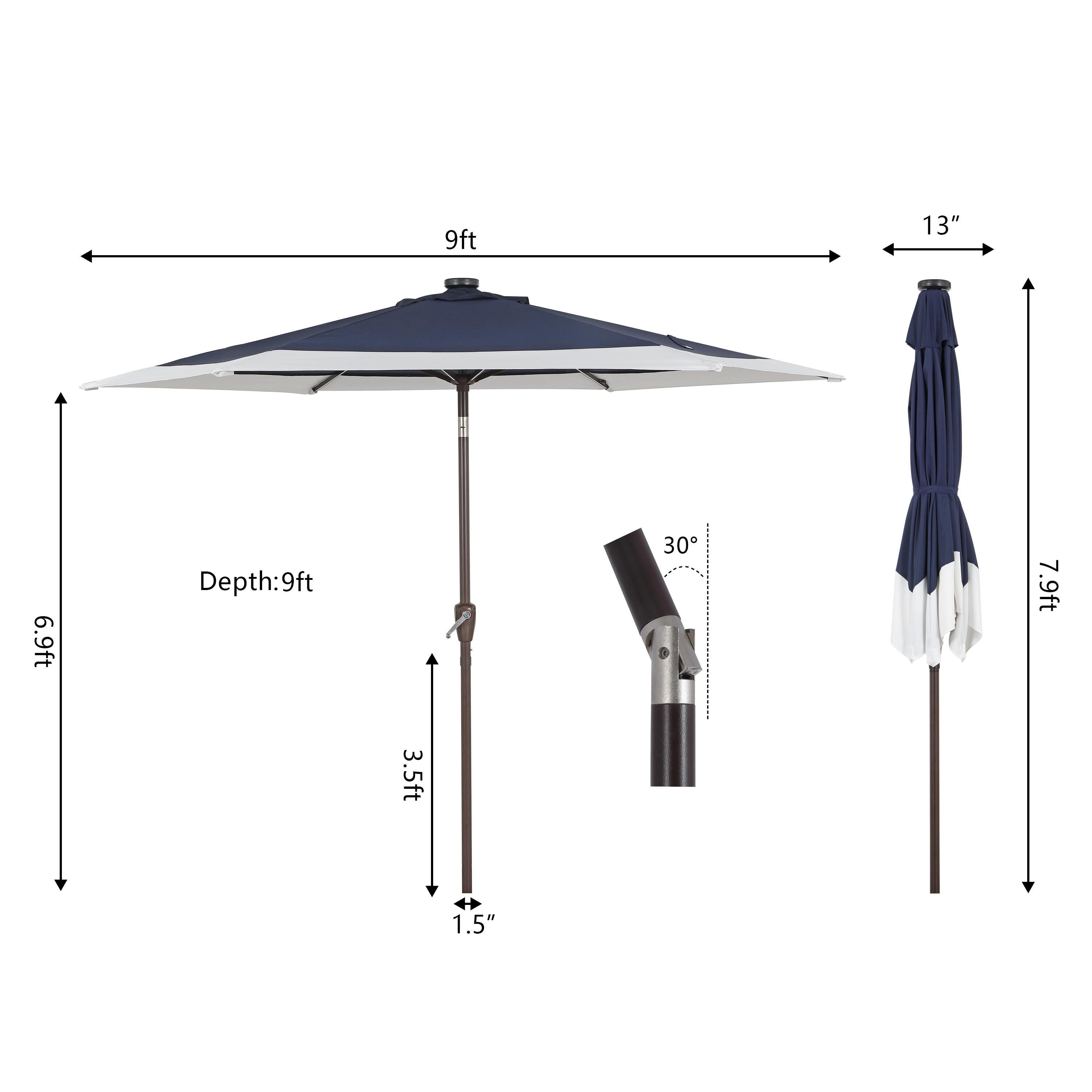 JONATHAN Y Spencer 9'  Outdoor Umbrella with LED Lights, Navy/White, large