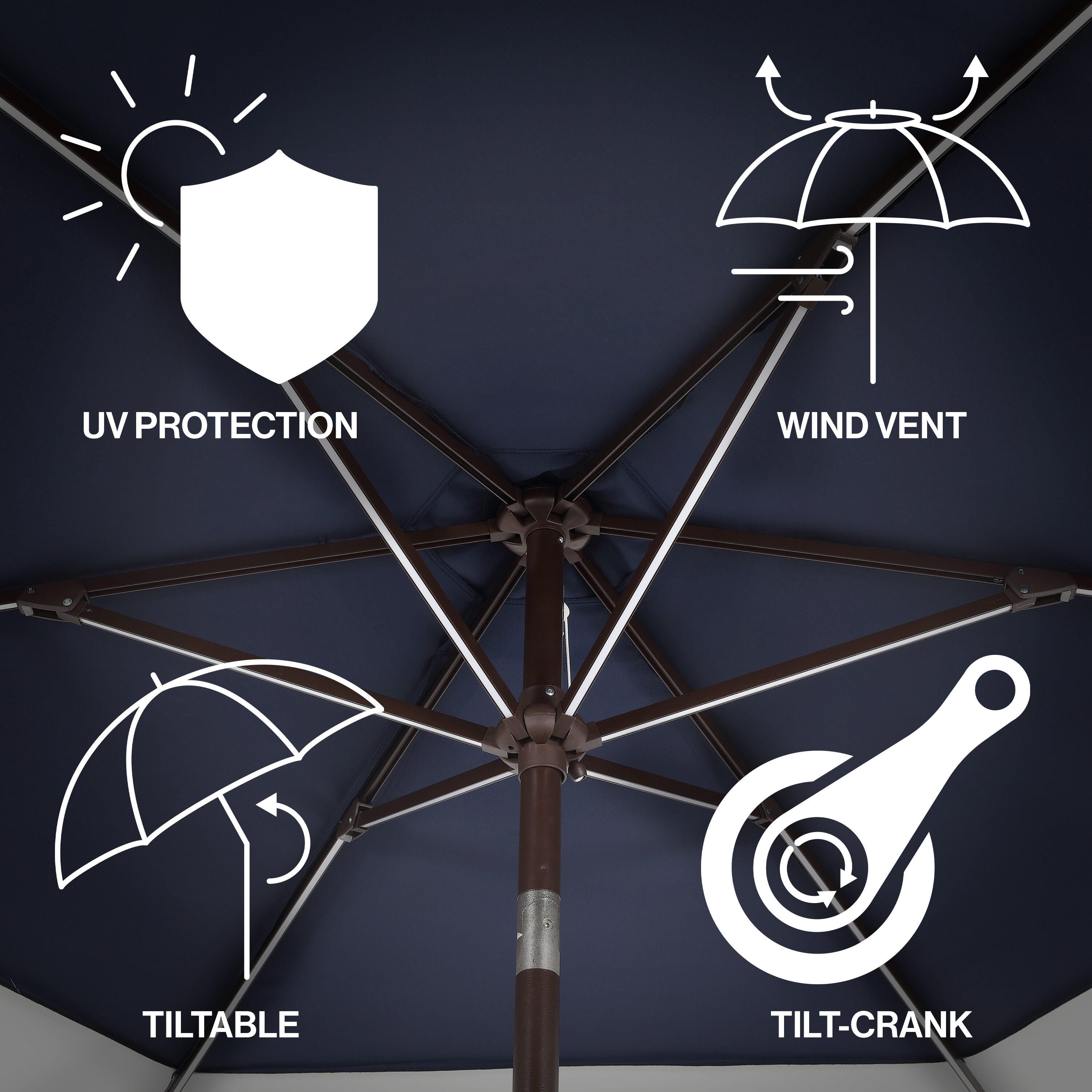 JONATHAN Y Spencer 9'  Outdoor Umbrella with LED Lights, Navy/White, large