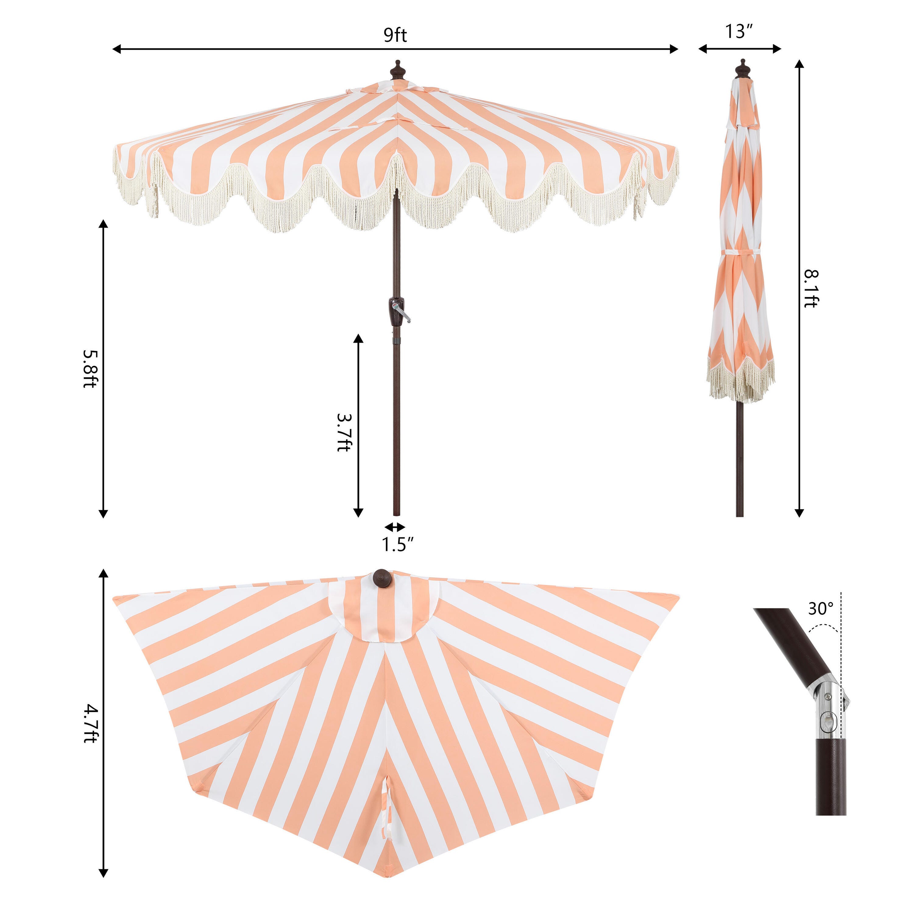 JONATHAN Y Beverly 9'  Outdoor Half-Tilted Umbrella, Coral Pink/White, large
