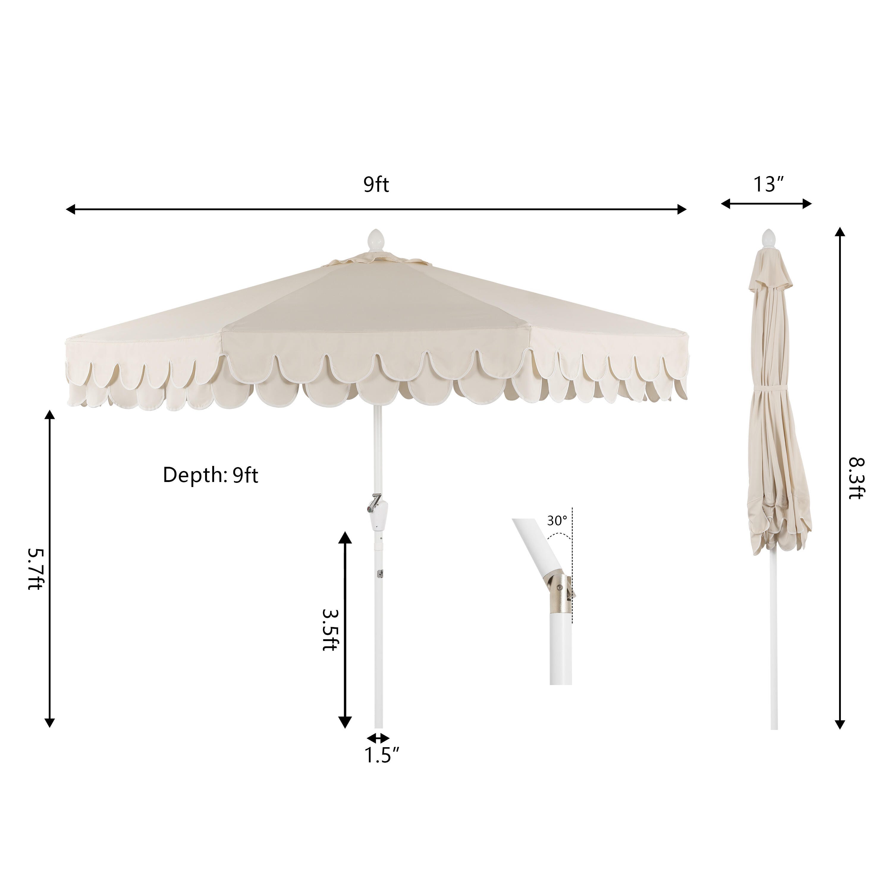 JONATHAN Y Tracy 9'  Outdoor Tilted Umbrella, Cream/White, large