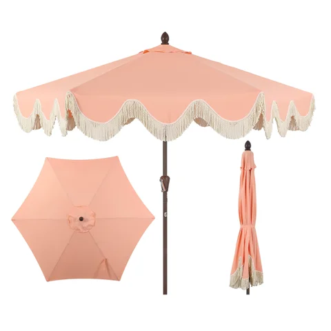 coral coast 9 ft. steel offset patio umbrella 9FT REMODE LIFE With its scalloped edge and bullion fringe this umbrella is perfect for cocktails on the patio or around the pool. DestinationGear Palapa Tiki Umbrella 9'