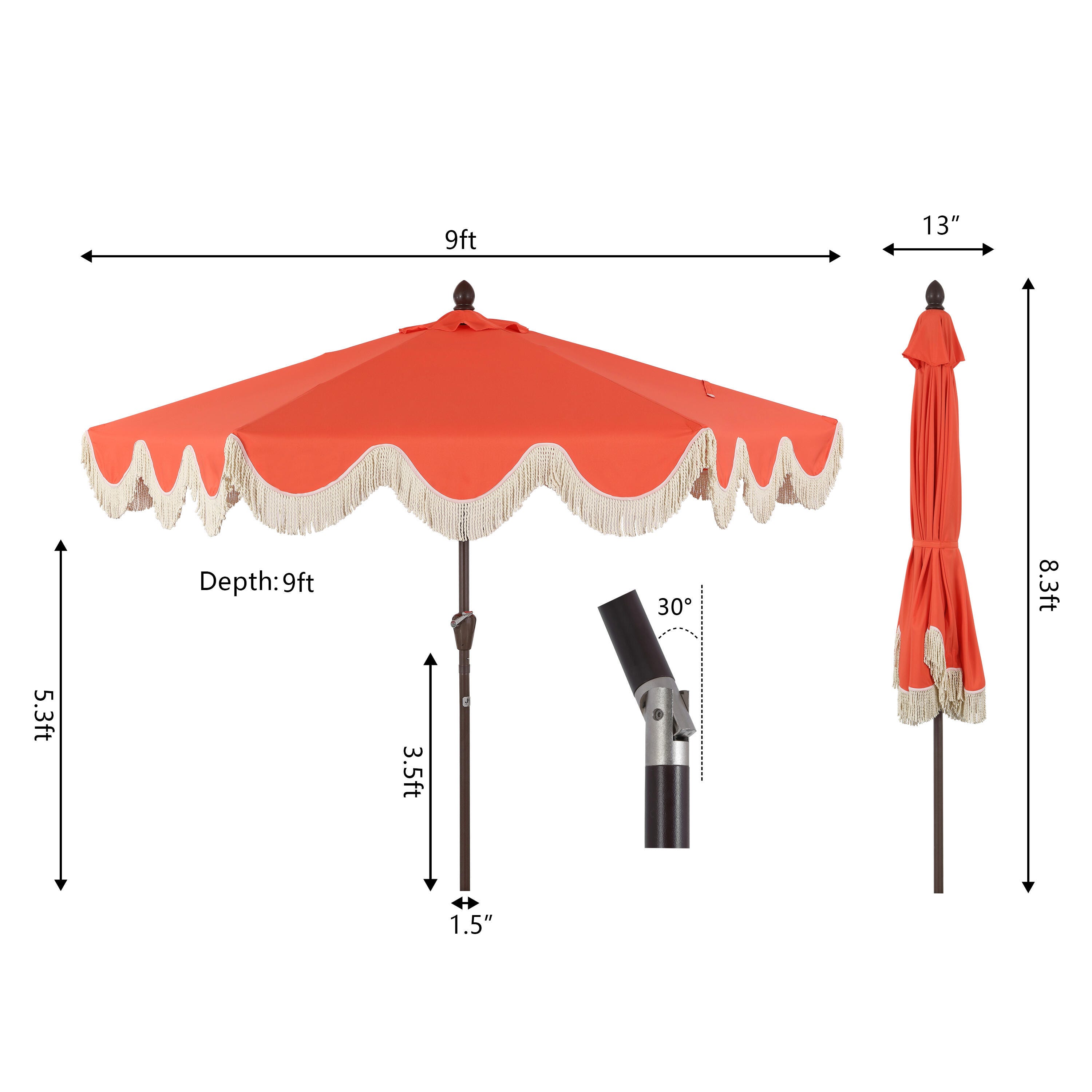 JONATHAN Y Collins 9'  Outdoor Tilted Umbrella, Coral Red/Cream, large