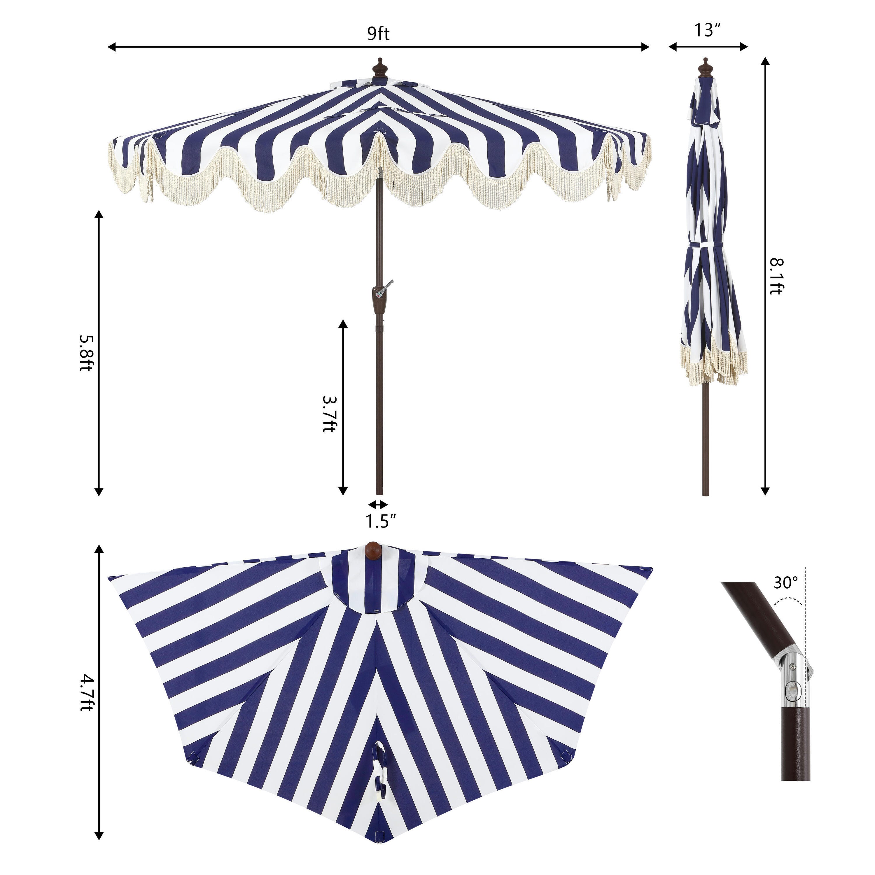 JONATHAN Y Beverly 9'  Outdoor Half-Tilted Umbrella, Navy/White, large
