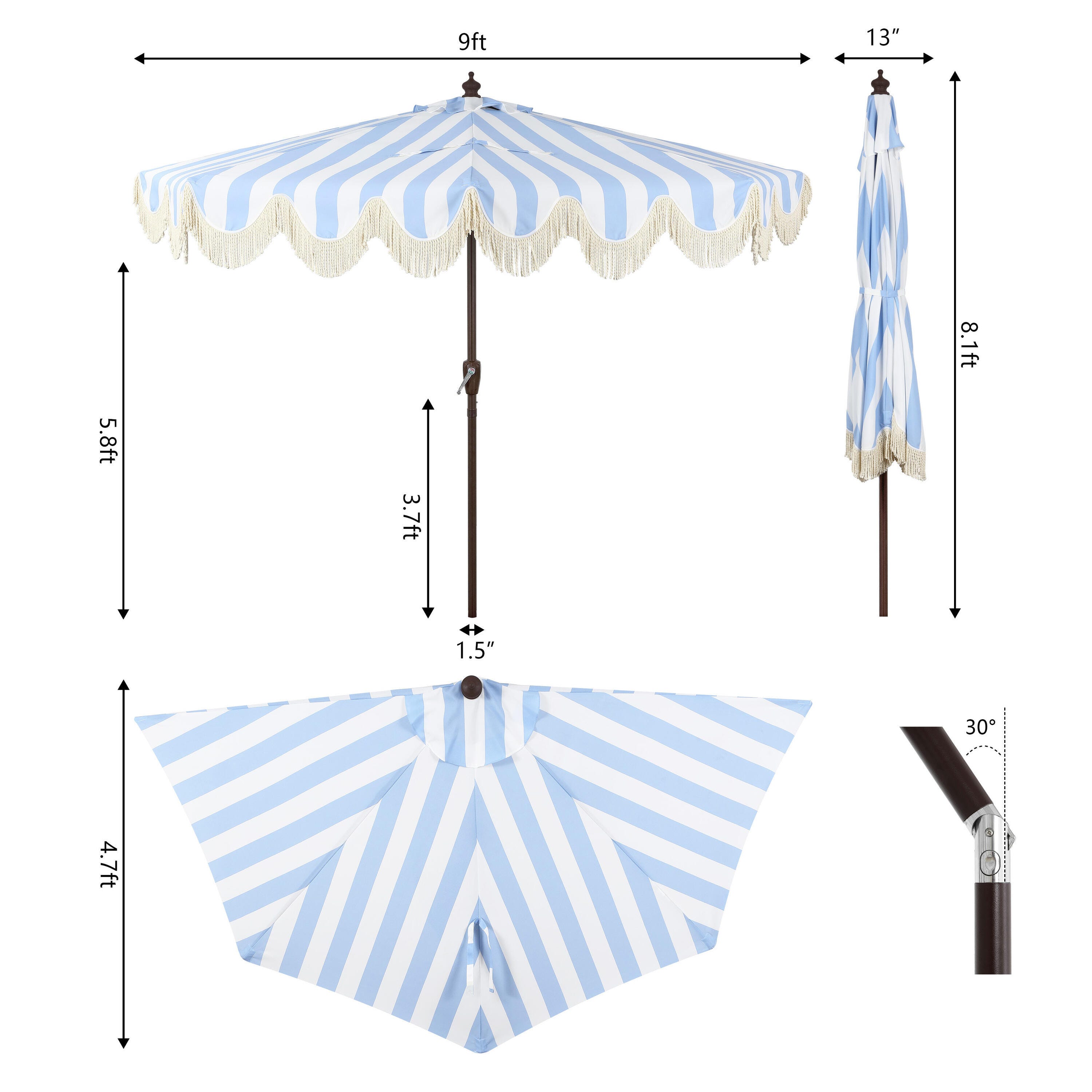 JONATHAN Y Beverly 9'  Outdoor Half-Tilted Umbrella, Light Blue/White, large