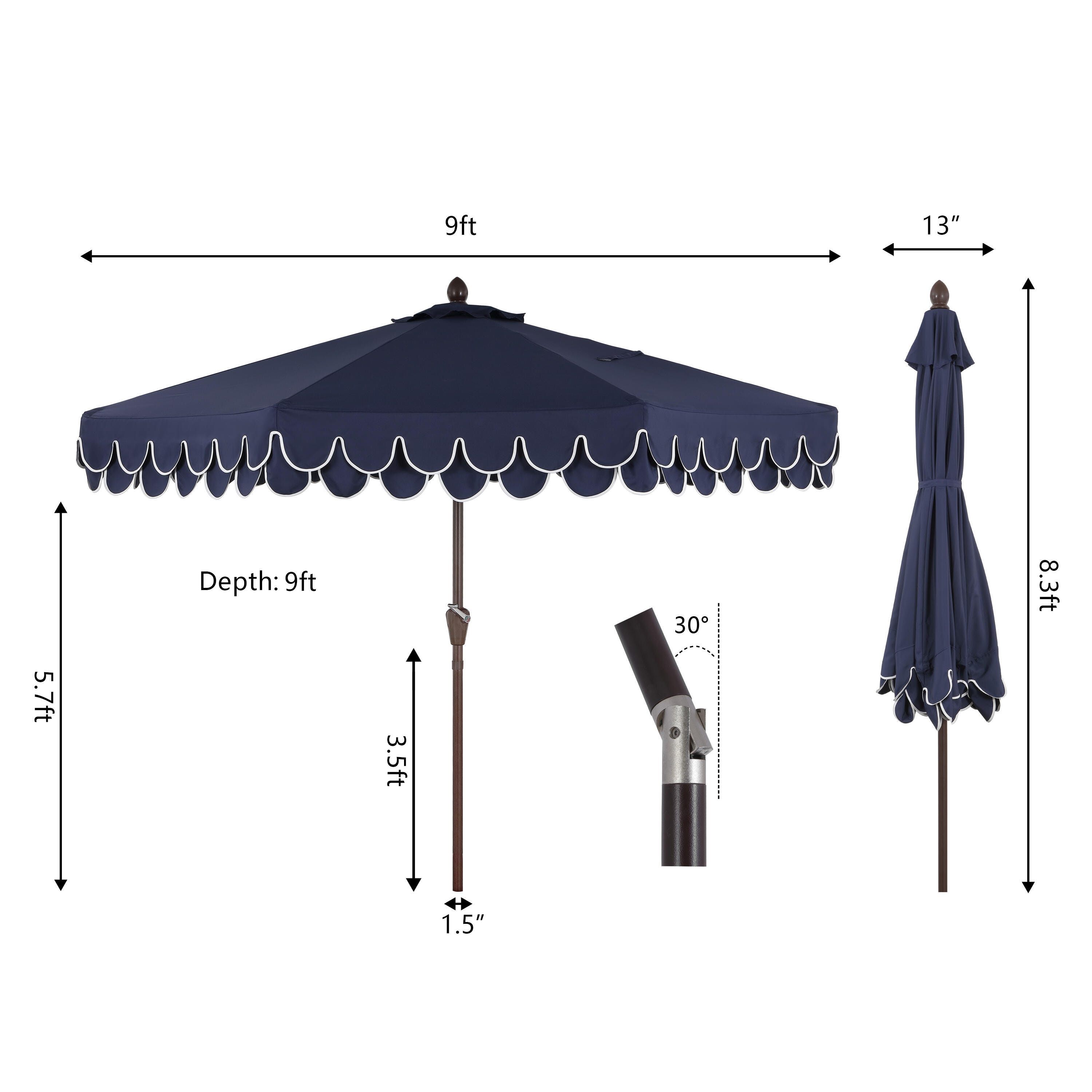 JONATHAN Y Tracy 9'  Outdoor Tilted Umbrella, Navy/White, large