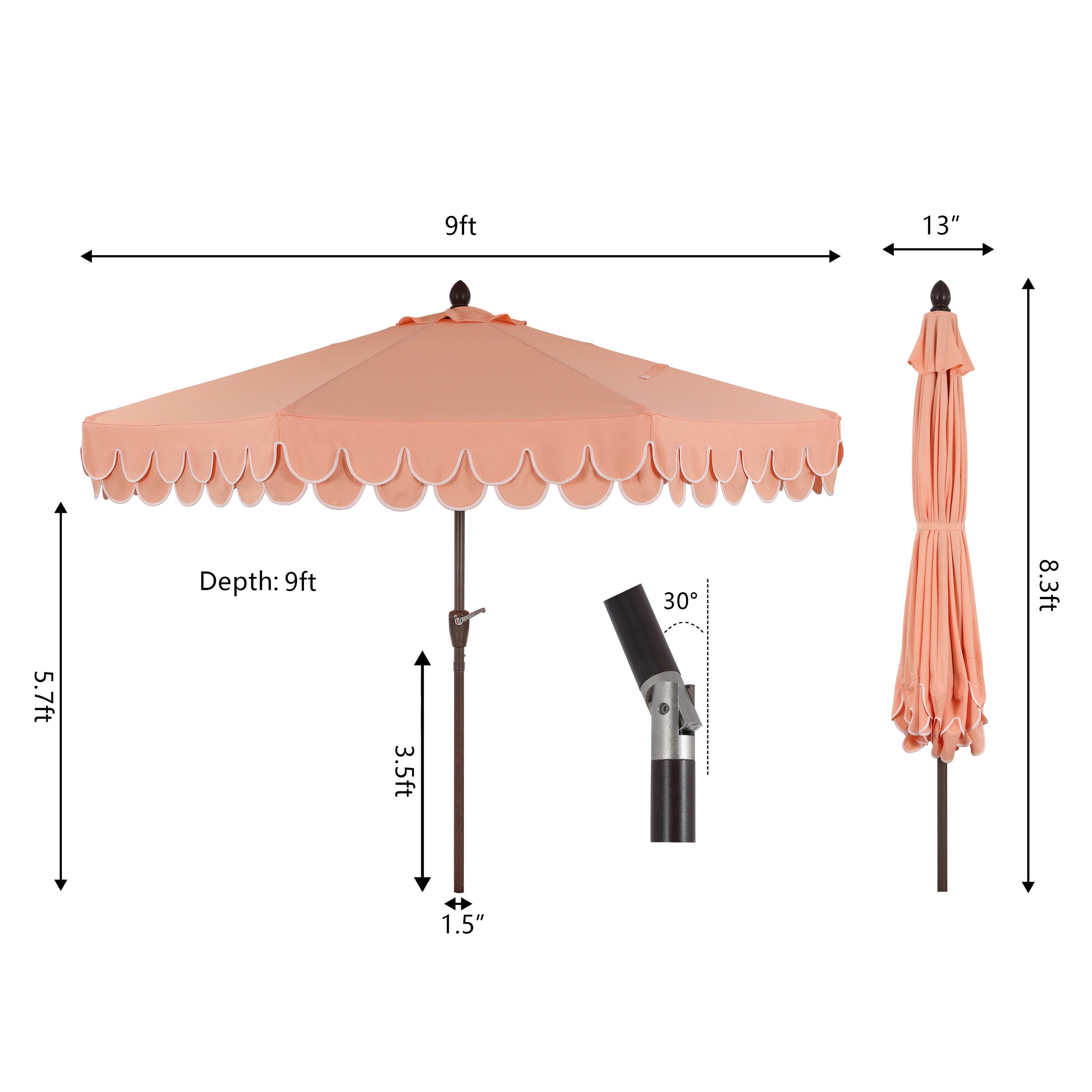 JONATHAN Y Tracy 9'  Outdoor Tilted Umbrella, Coral Pink/White, large