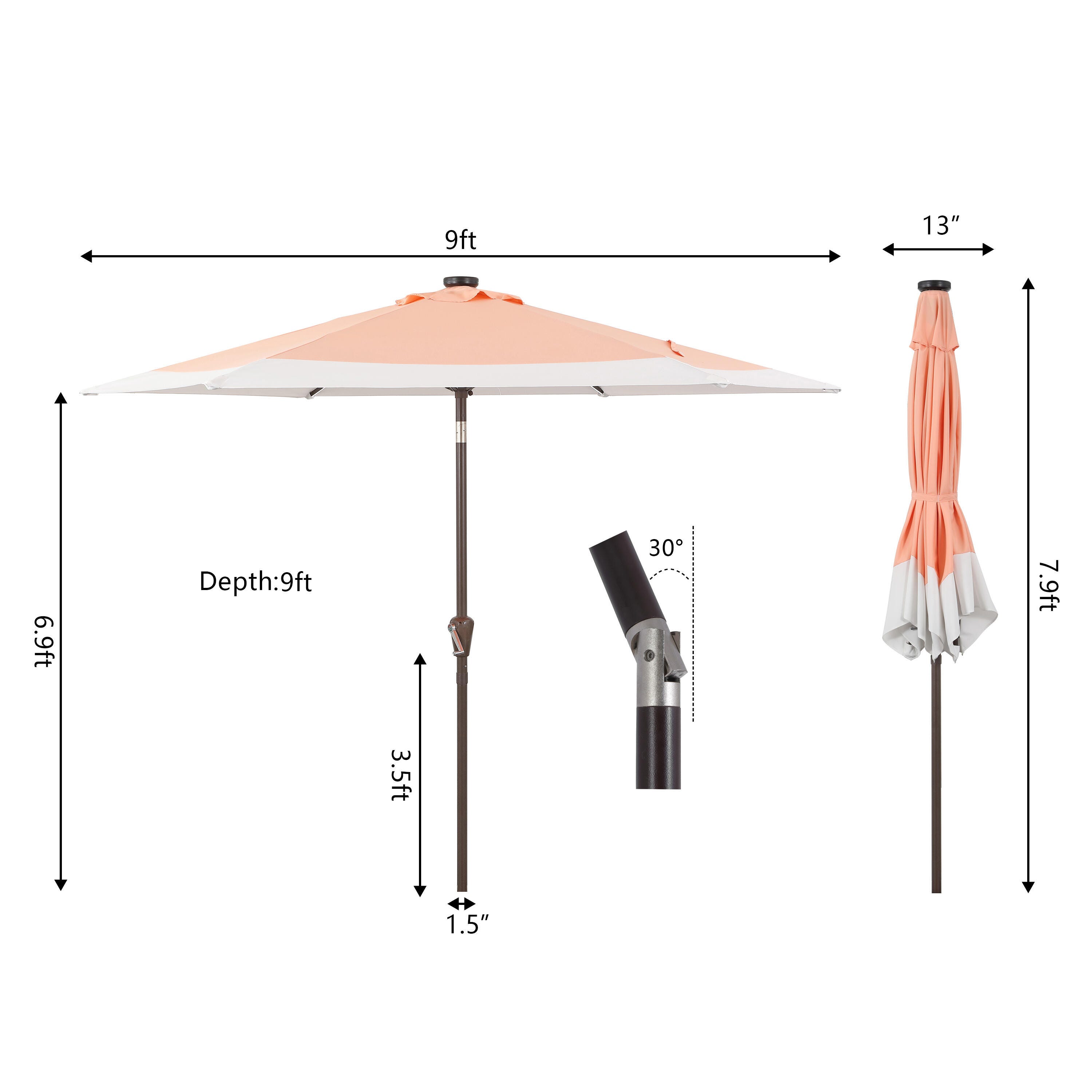 JONATHAN Y Spencer 9'  Outdoor Umbrella with LED Lights, Coral Pink/White, large