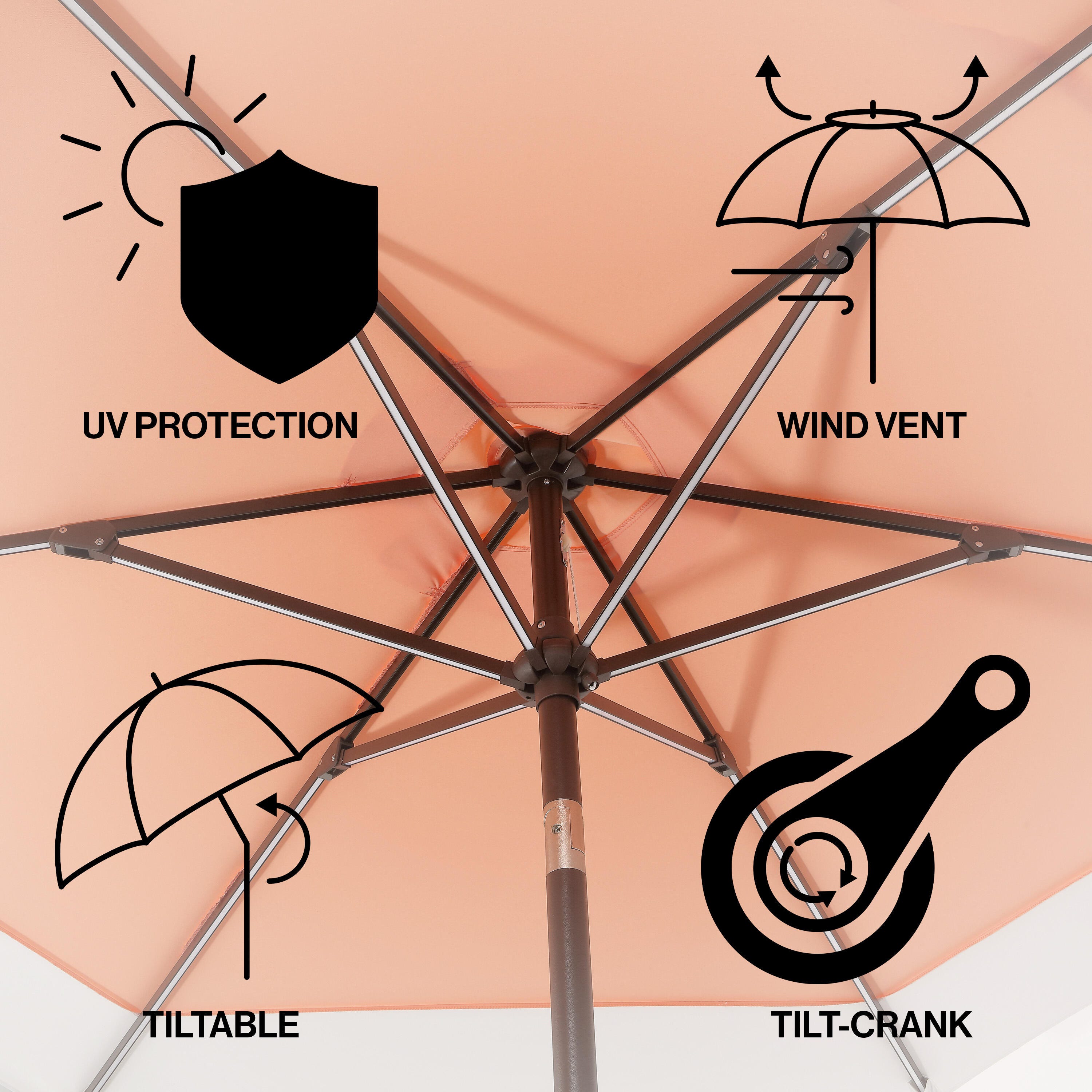 JONATHAN Y Spencer 9'  Outdoor Umbrella with LED Lights, Coral Pink/White, large
