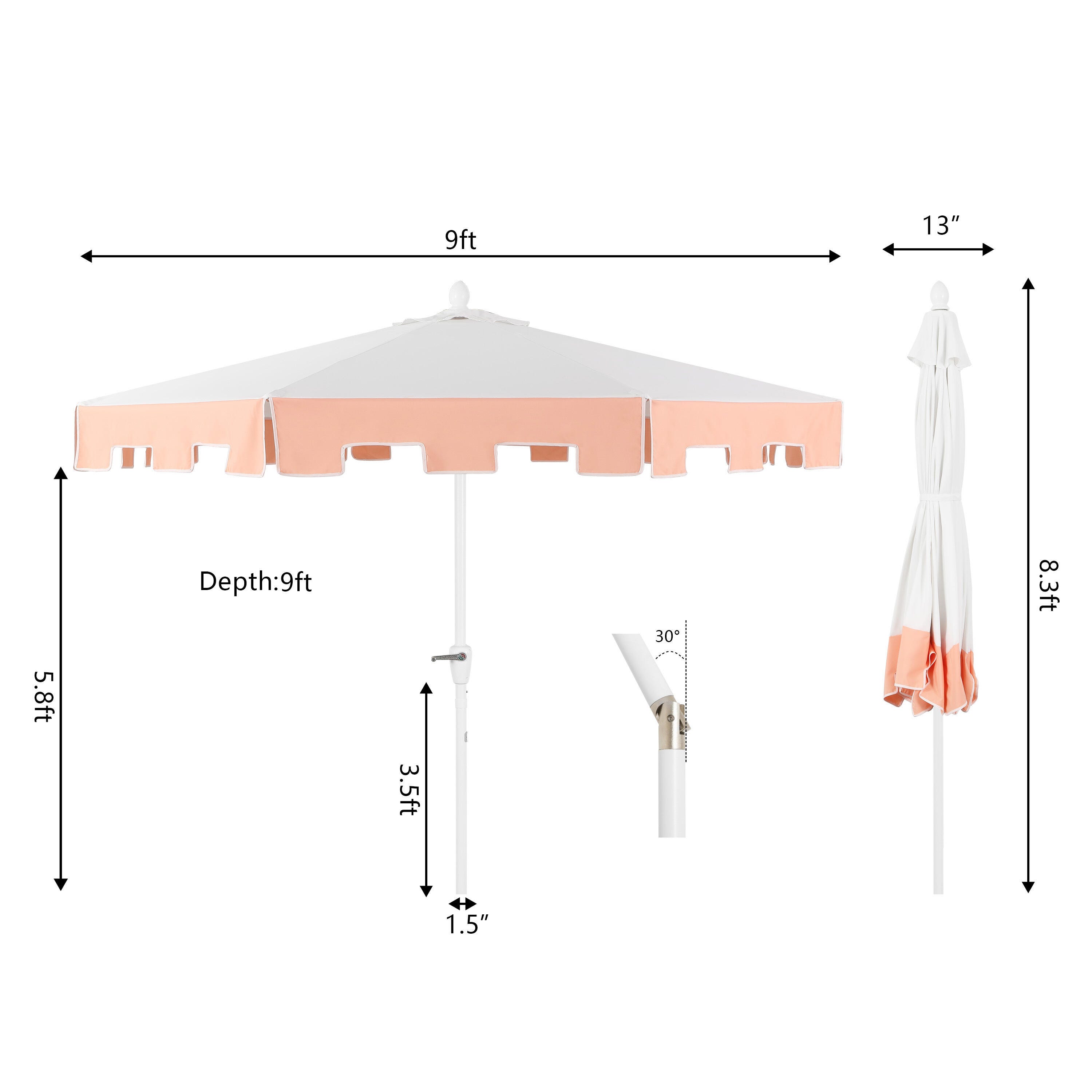 JONATHAN Y Baiona 9'  Outdoor Tilted Umbrella, White/Coral Pink, large