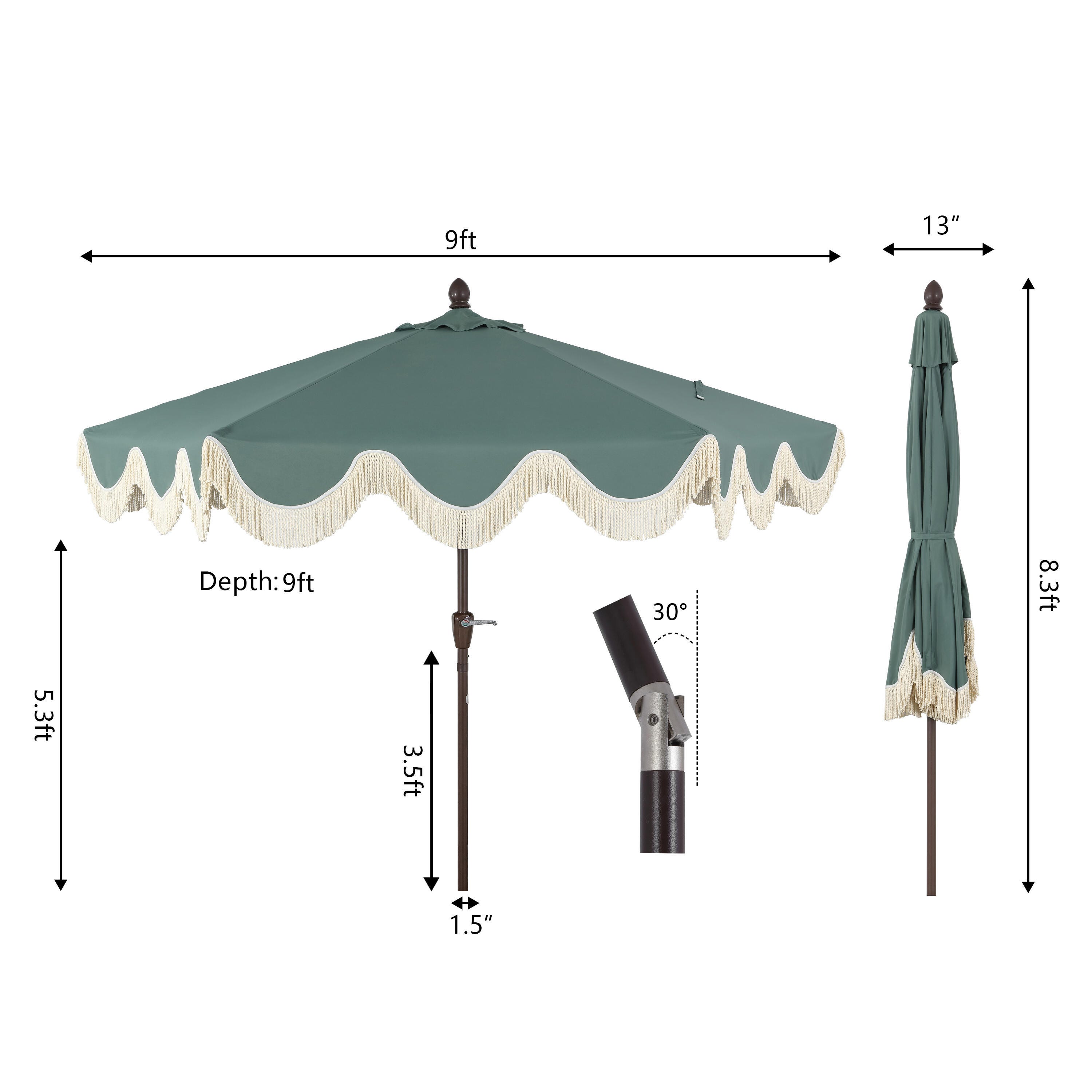 JONATHAN Y Collins 9'  Outdoor Tilted Umbrella, Green/Cream, large
