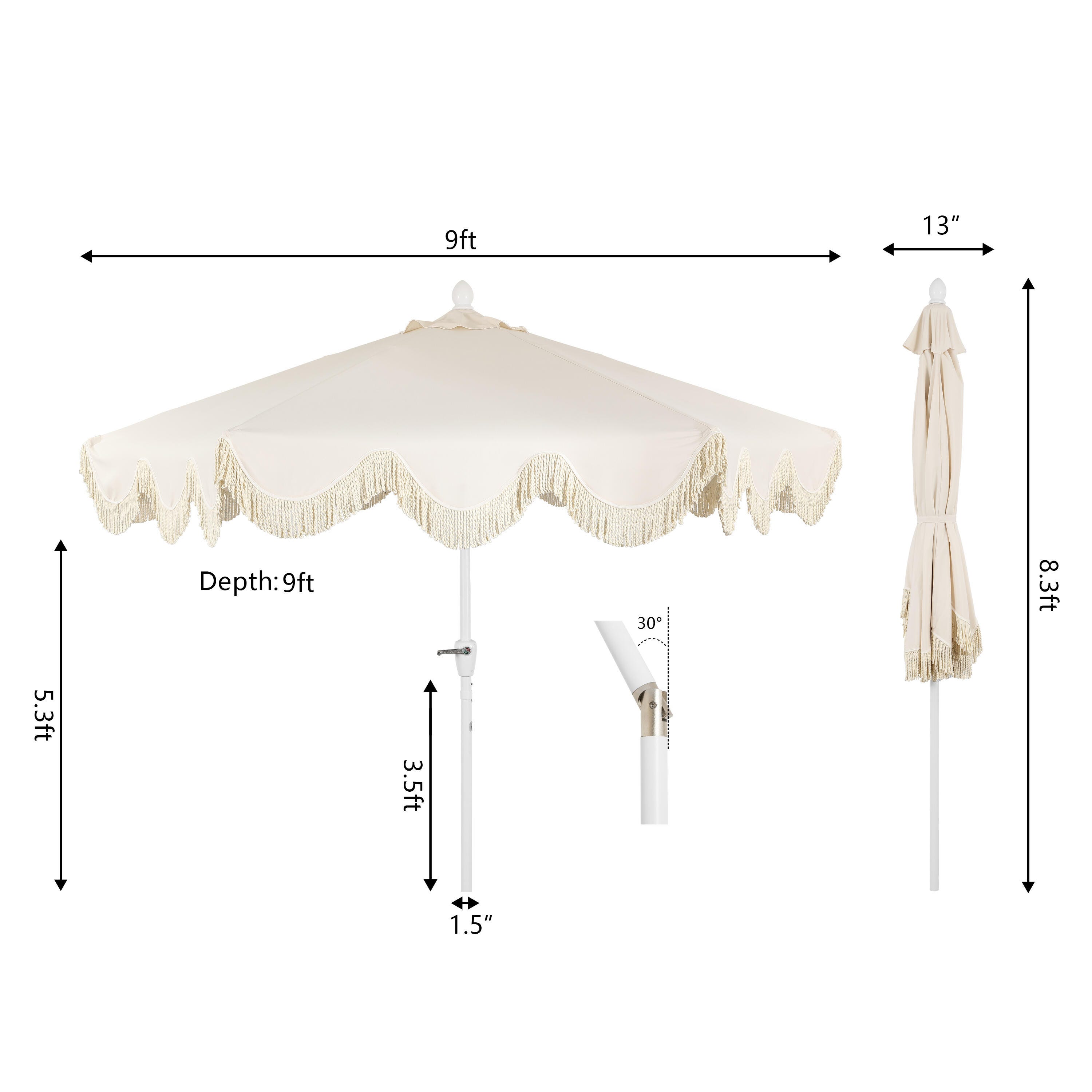 JONATHAN Y Collins 9'  Outdoor Tilted Umbrella, Cream, large