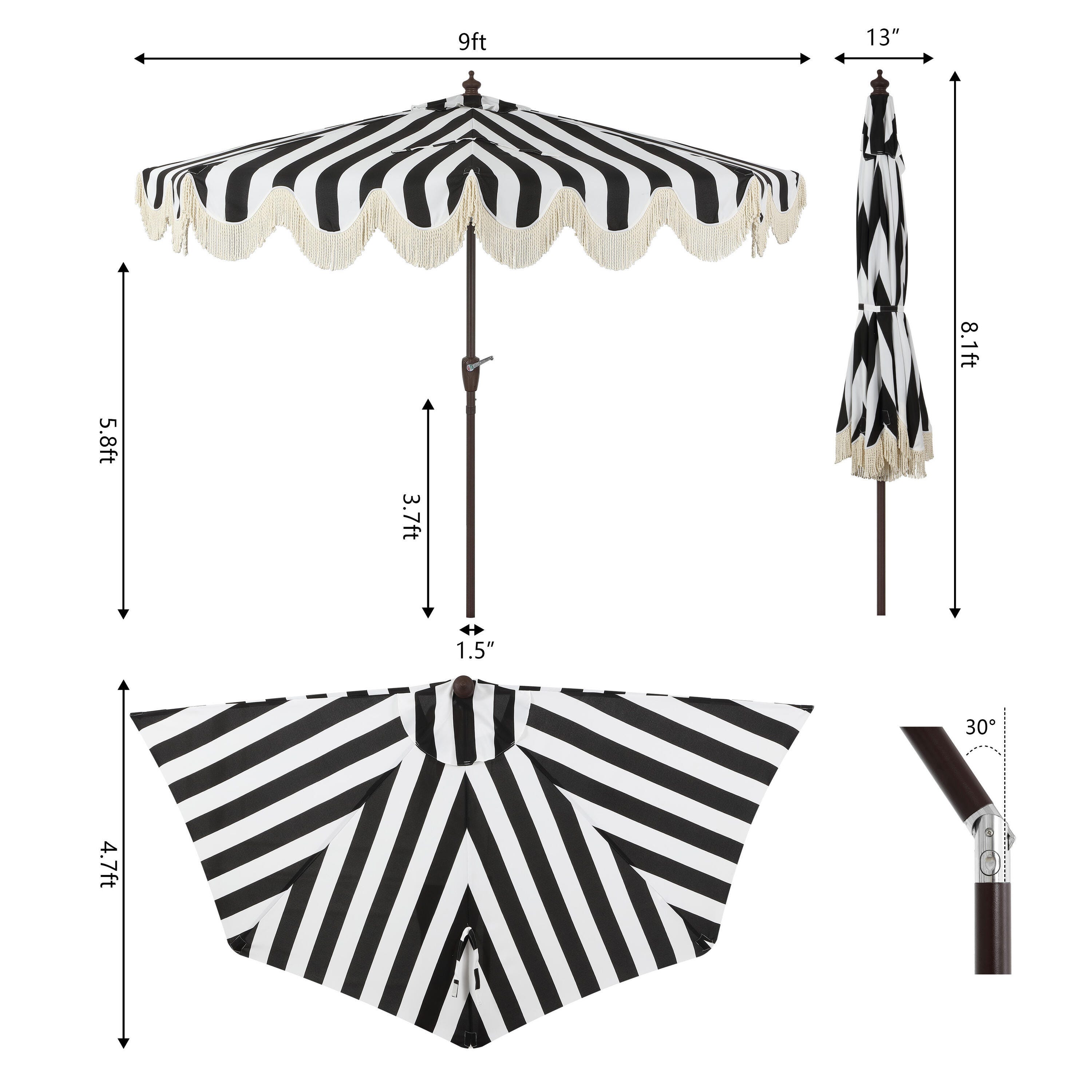 JONATHAN Y Beverly 9'  Outdoor Half-Tilted Umbrella, Black/White, large