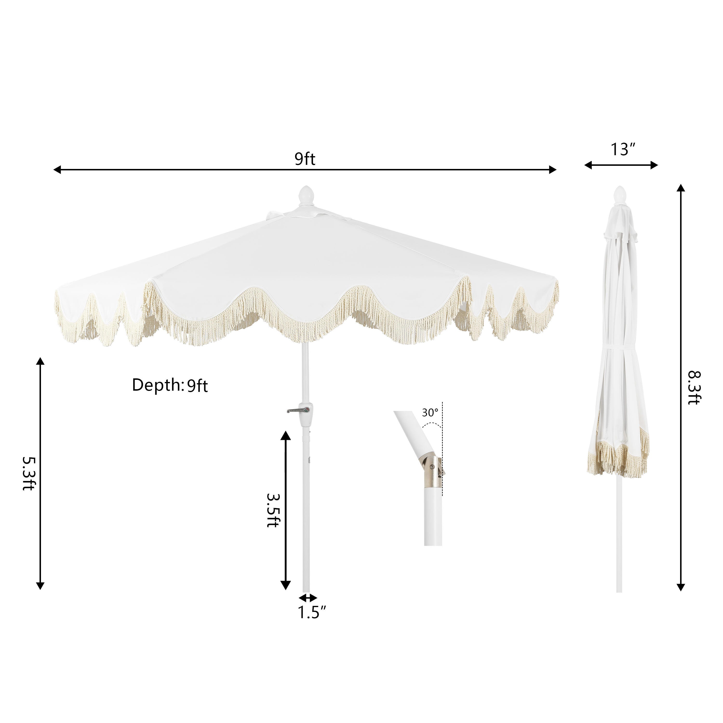 JONATHAN Y Collins 9'  Outdoor Tilted Umbrella, White/Cream, large